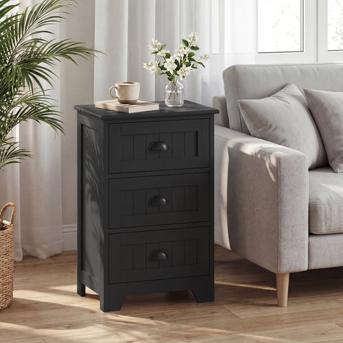 3 Drawer End Storage Wood Nightstand, Black