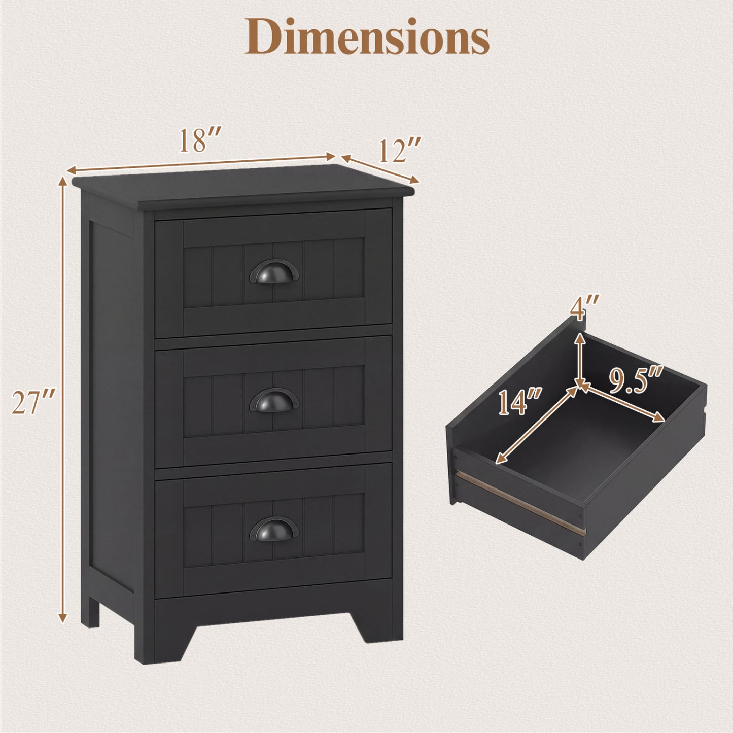 3 Drawer End Storage Wood Nightstand, Black Nightstands at Gallery Canada