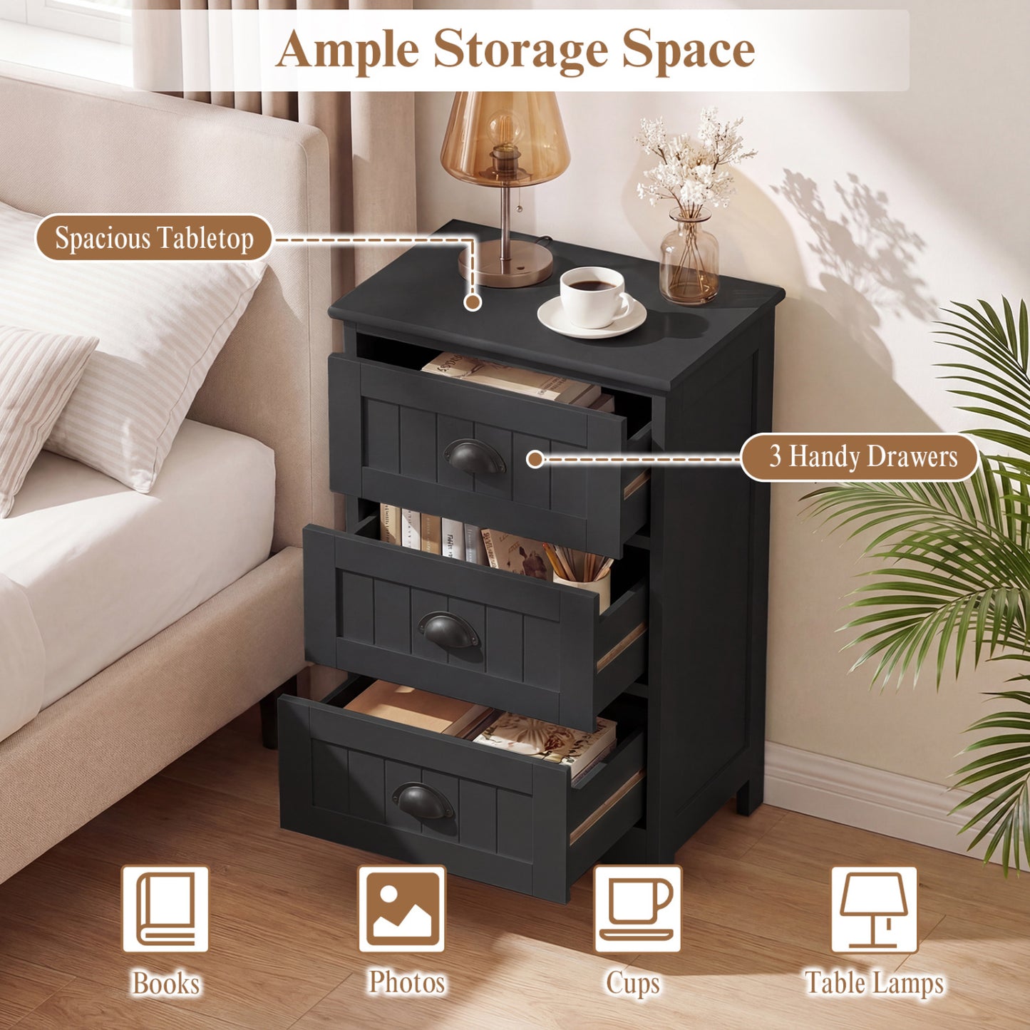 3 Drawer End Storage Wood Nightstand, Black Nightstands at Gallery Canada
