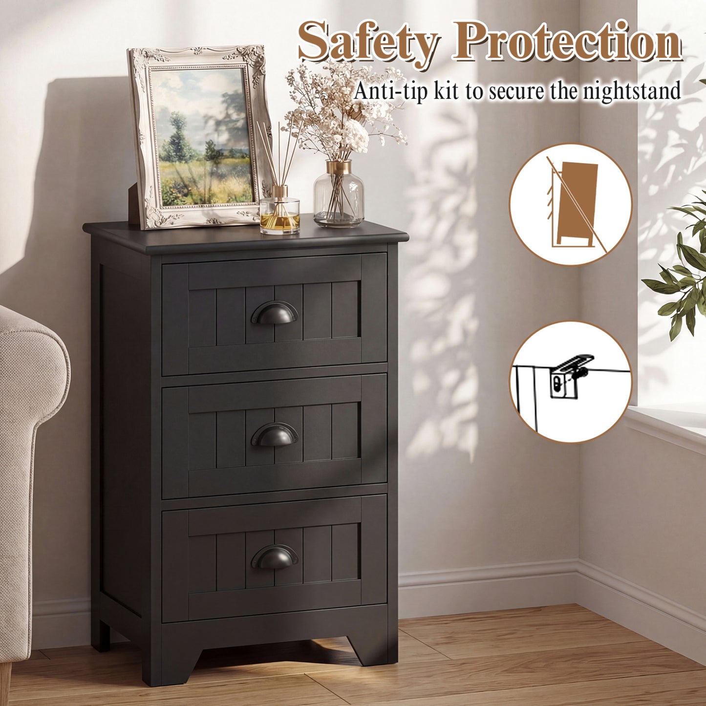 3 Drawer End Storage Wood Nightstand, Black Nightstands at Gallery Canada