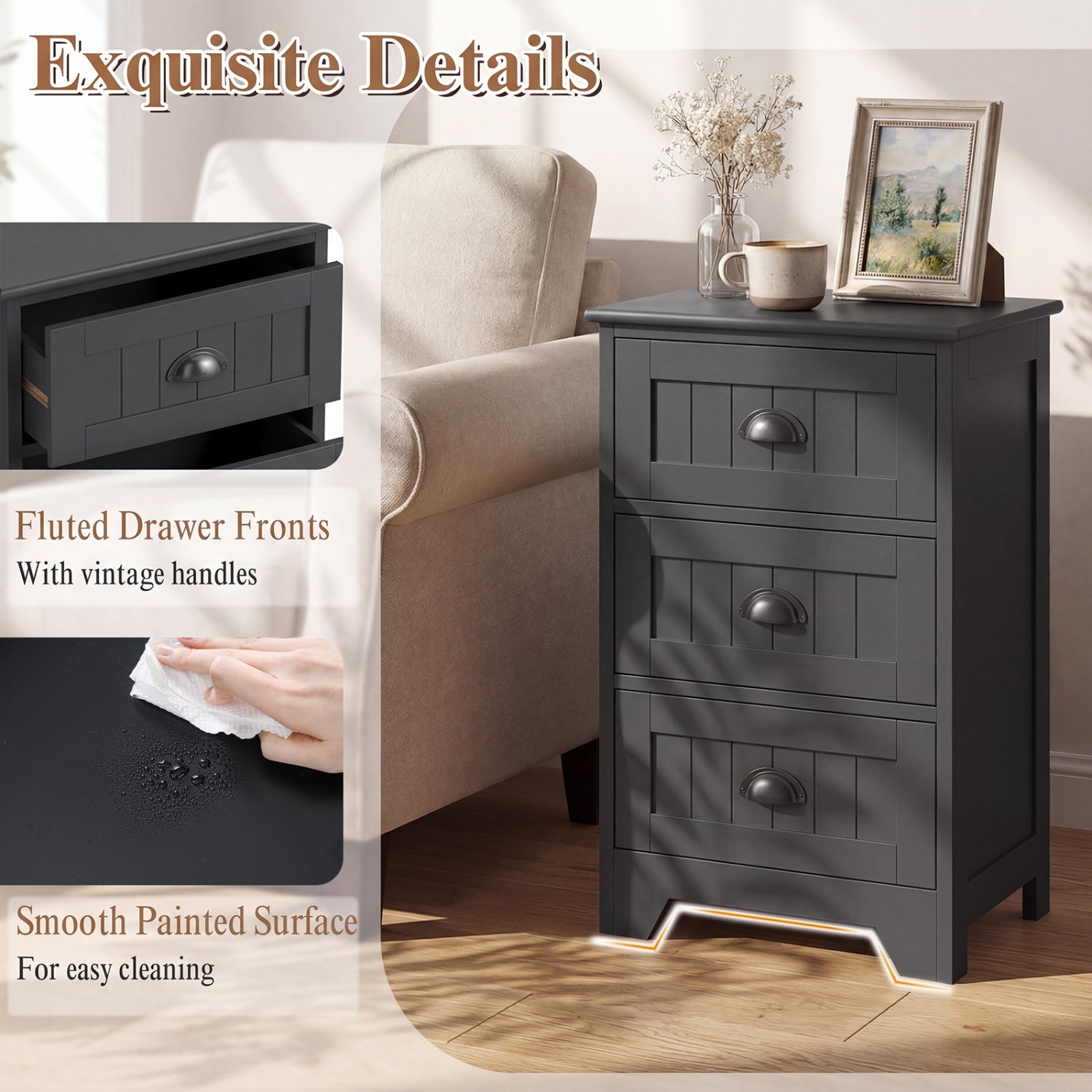 3 Drawer End Storage Wood Nightstand, Black Nightstands at Gallery Canada