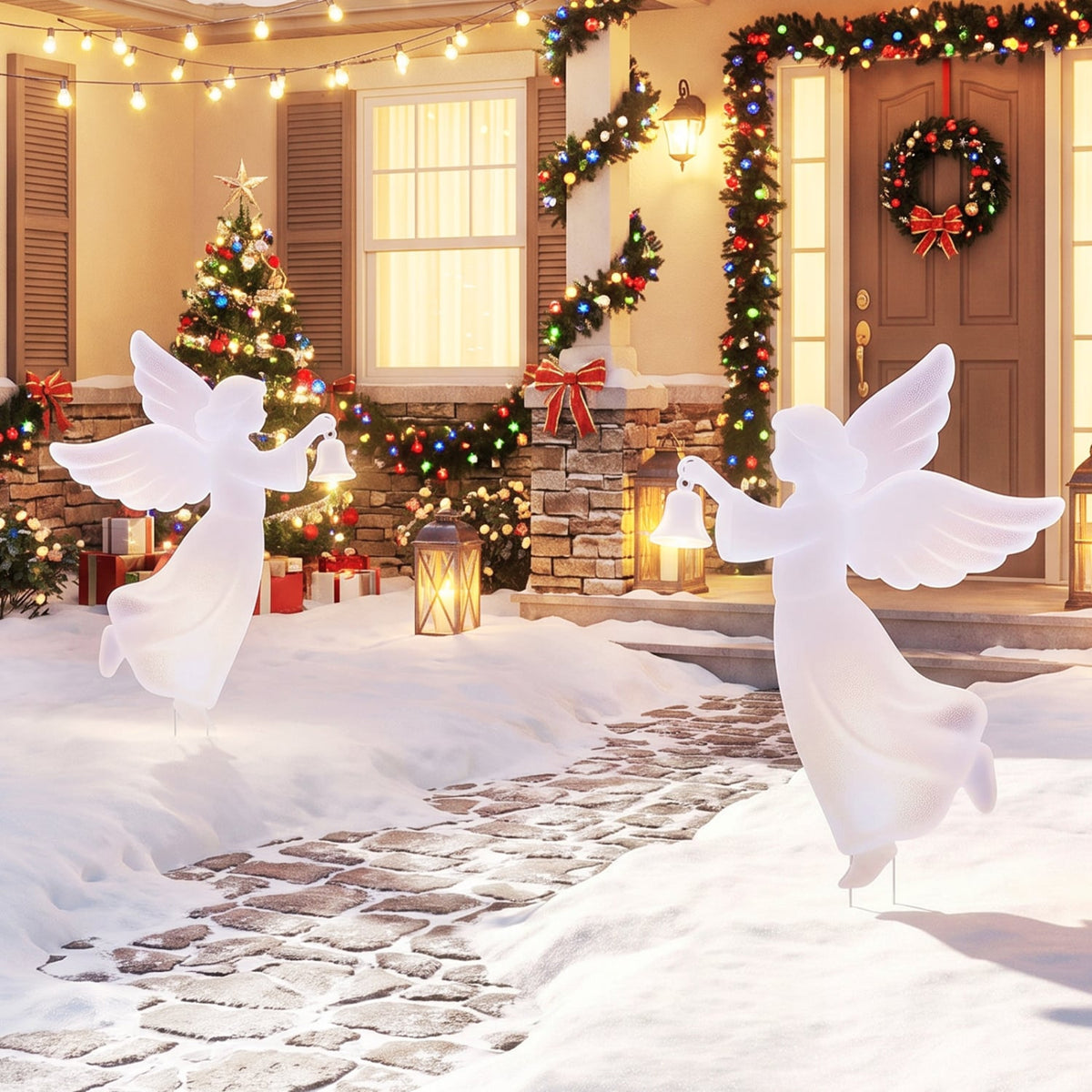 Ensemble de décoration de cour d'ange de Noël d'extérieur en 2 pièces, 3 pieds, rose