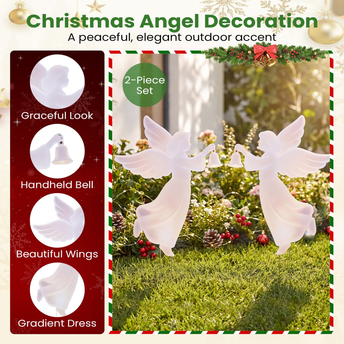 Ensemble de décoration de cour d'ange de Noël d'extérieur en 2 pièces, 3 pieds, rose