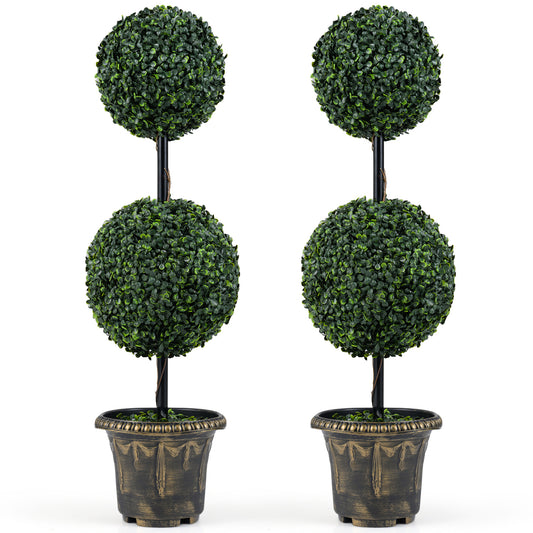 3 FT Artificial Boxwood Topiary Tree, Double Ball Shrubs, Set Of 2 Faux Plants Green at Gallery Canada