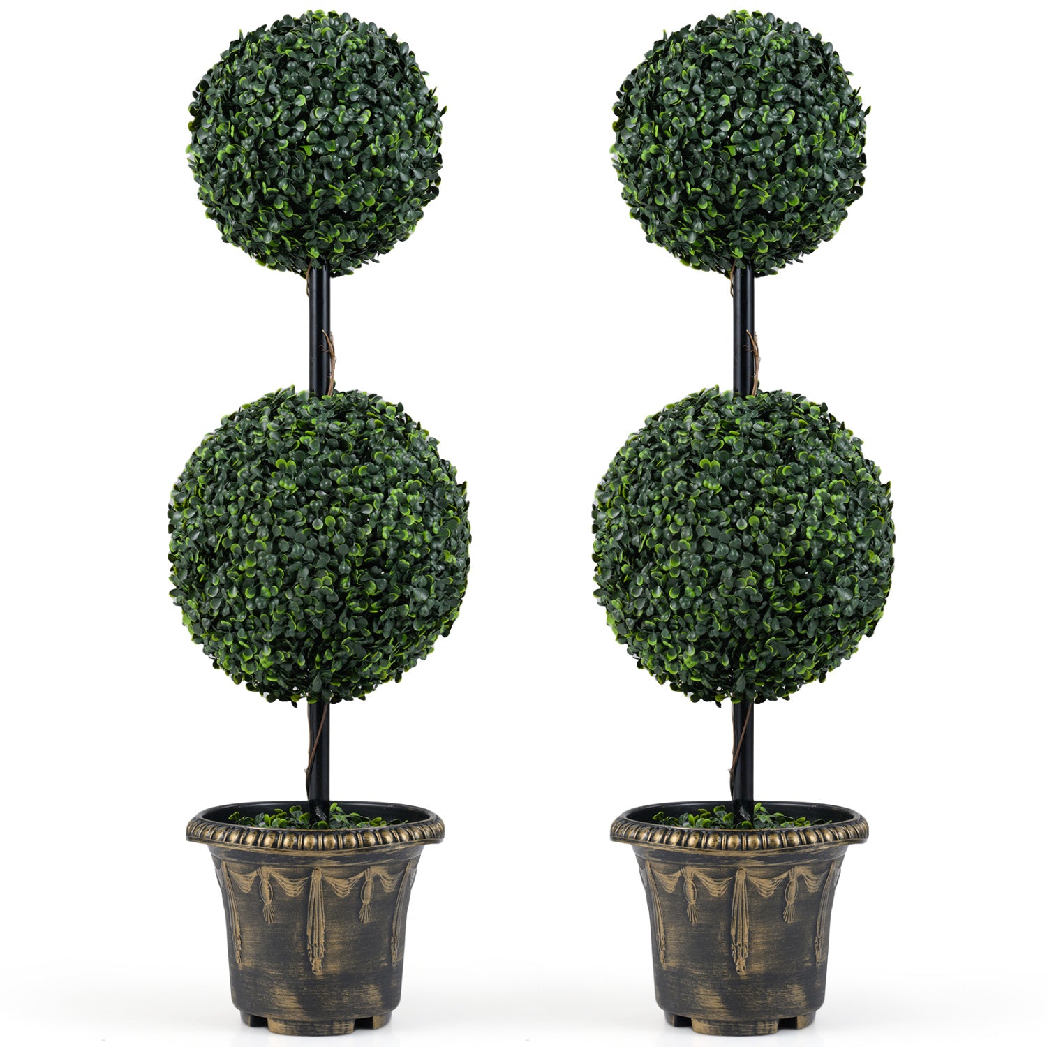 3 FT Artificial Boxwood Topiary Tree, Double Ball Shrubs, Set Of 2 Faux Plants Green at Gallery Canada