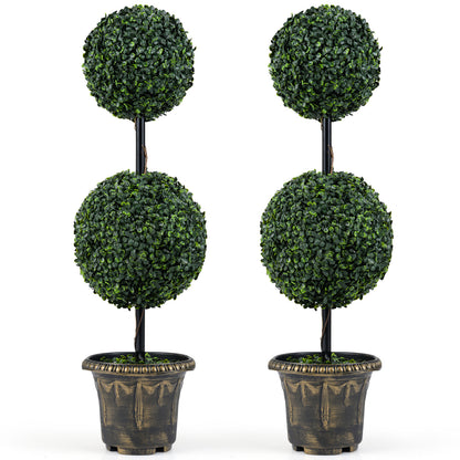 3 FT Artificial Boxwood Topiary Tree, Double Ball Shrubs, Set Of 2 Faux Plants Green at Gallery Canada