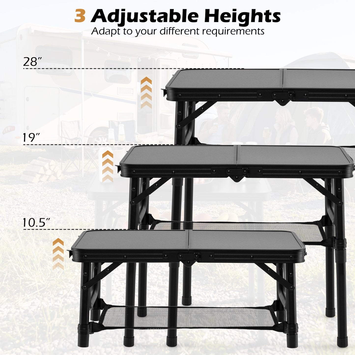 3-Height Folding Camping Table With Storage Net, Black Camping Furniture at Gallery Canada
