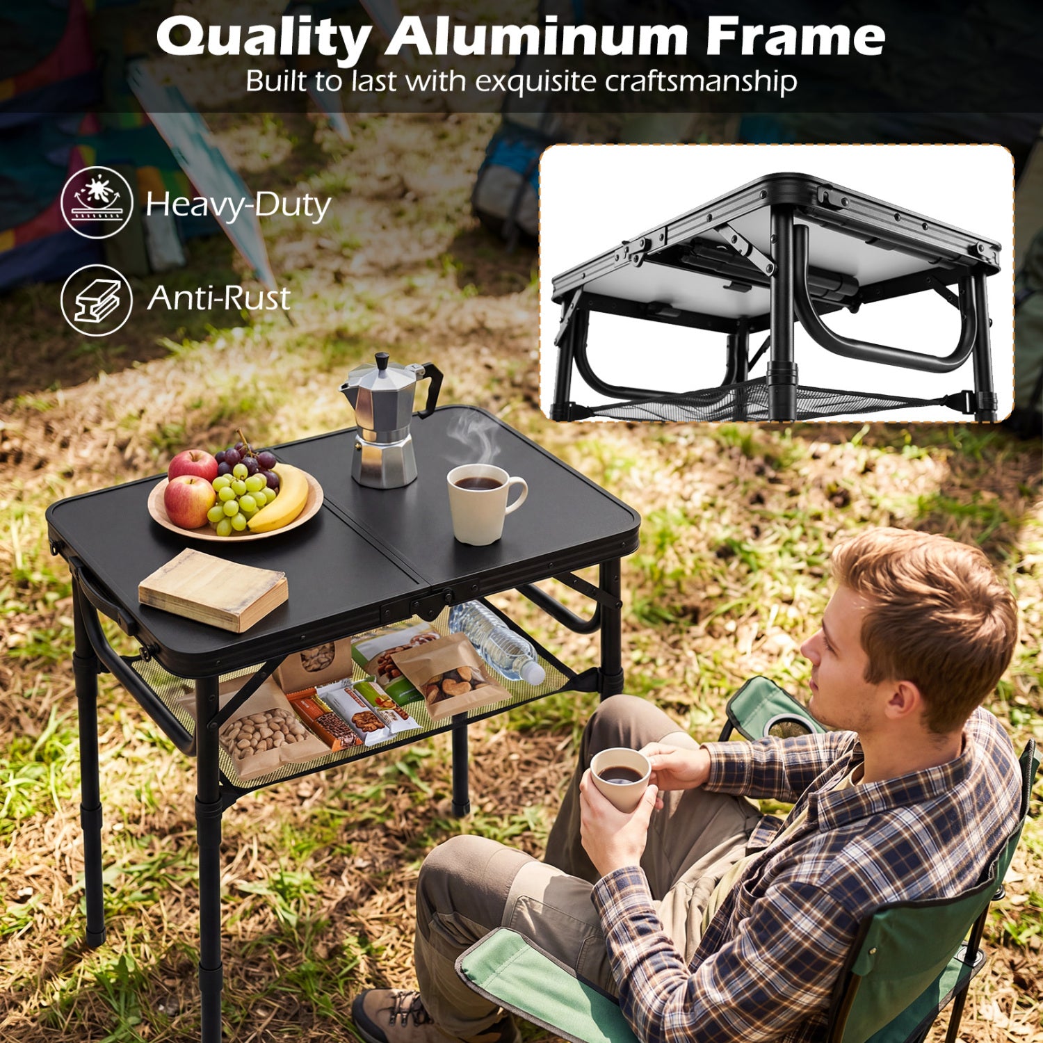 3-Height Folding Camping Table With Storage Net, Black Camping Furniture at Gallery Canada