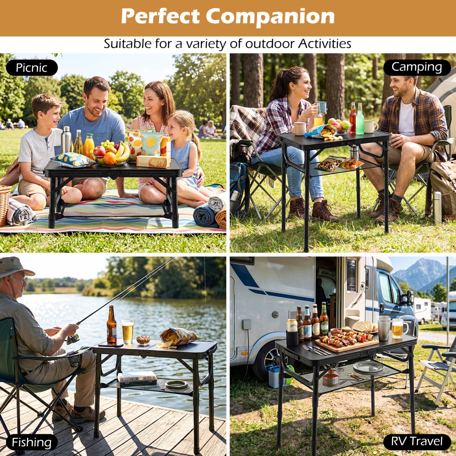3-Height Folding Camping Table With Storage Net, Black Camping Furniture at Gallery Canada
