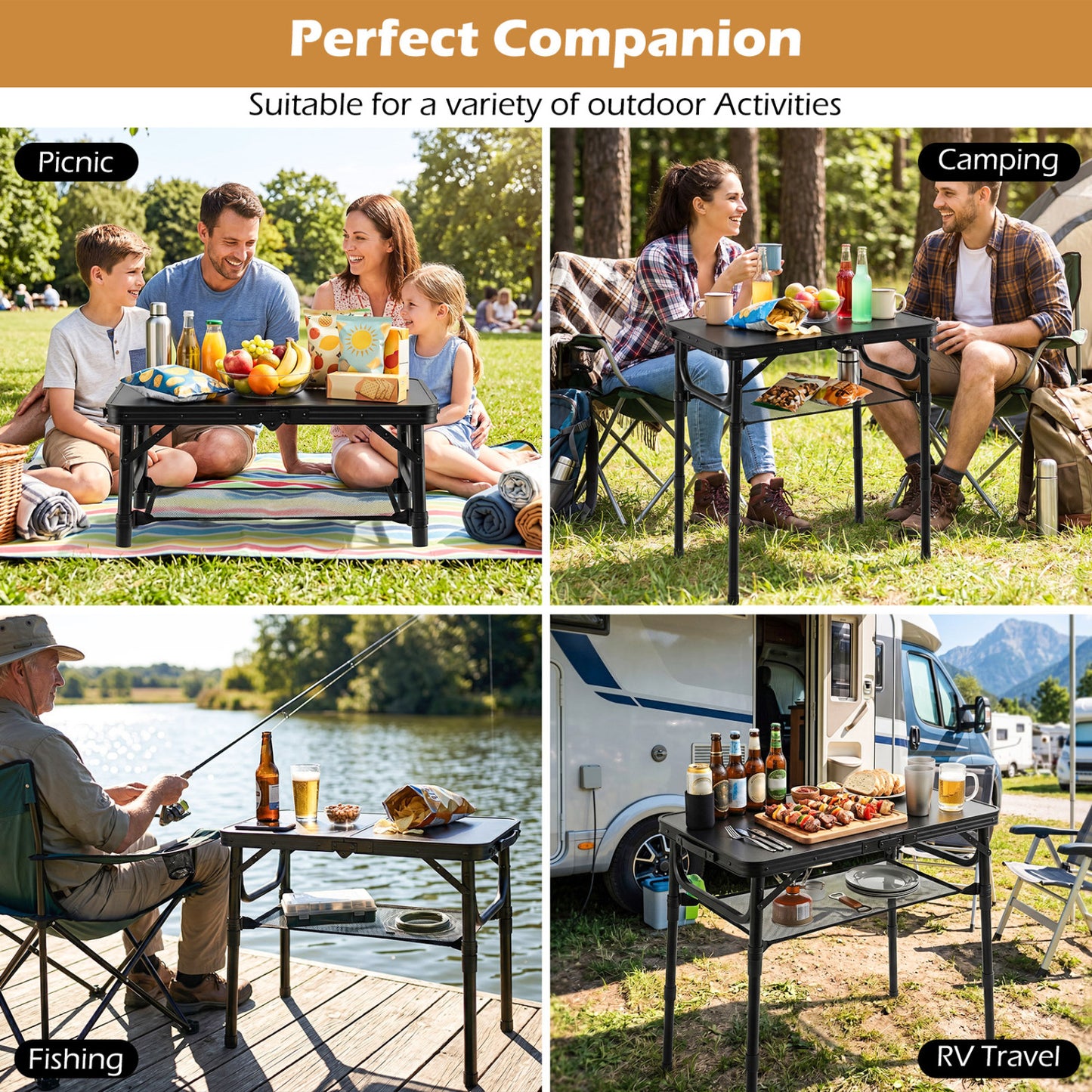 3-Height Folding Camping Table With Storage Net, Black Camping Furniture at Gallery Canada
