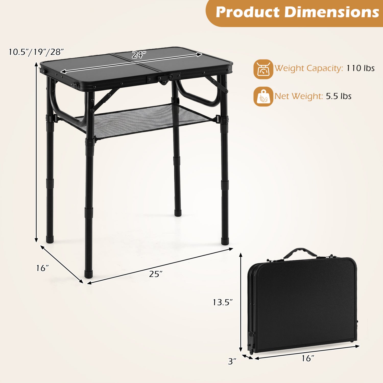 3-Height Folding Camping Table With Storage Net, Black Camping Furniture at Gallery Canada