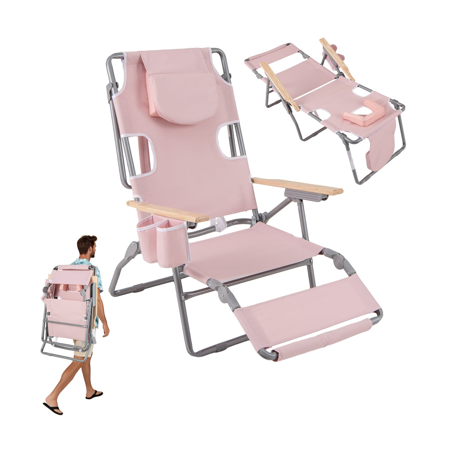 3-IN-1 Foldable Beach Chair with Footrest and Adjustable Backrest, Pink Beach & Lawn Chairs at Gallery Canada
