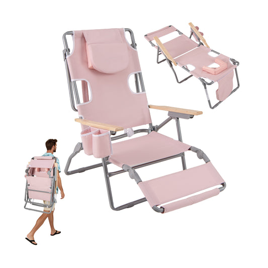 3-In-1 Foldable Beach Chair, Footrest, Adjustable Backrest, Pink