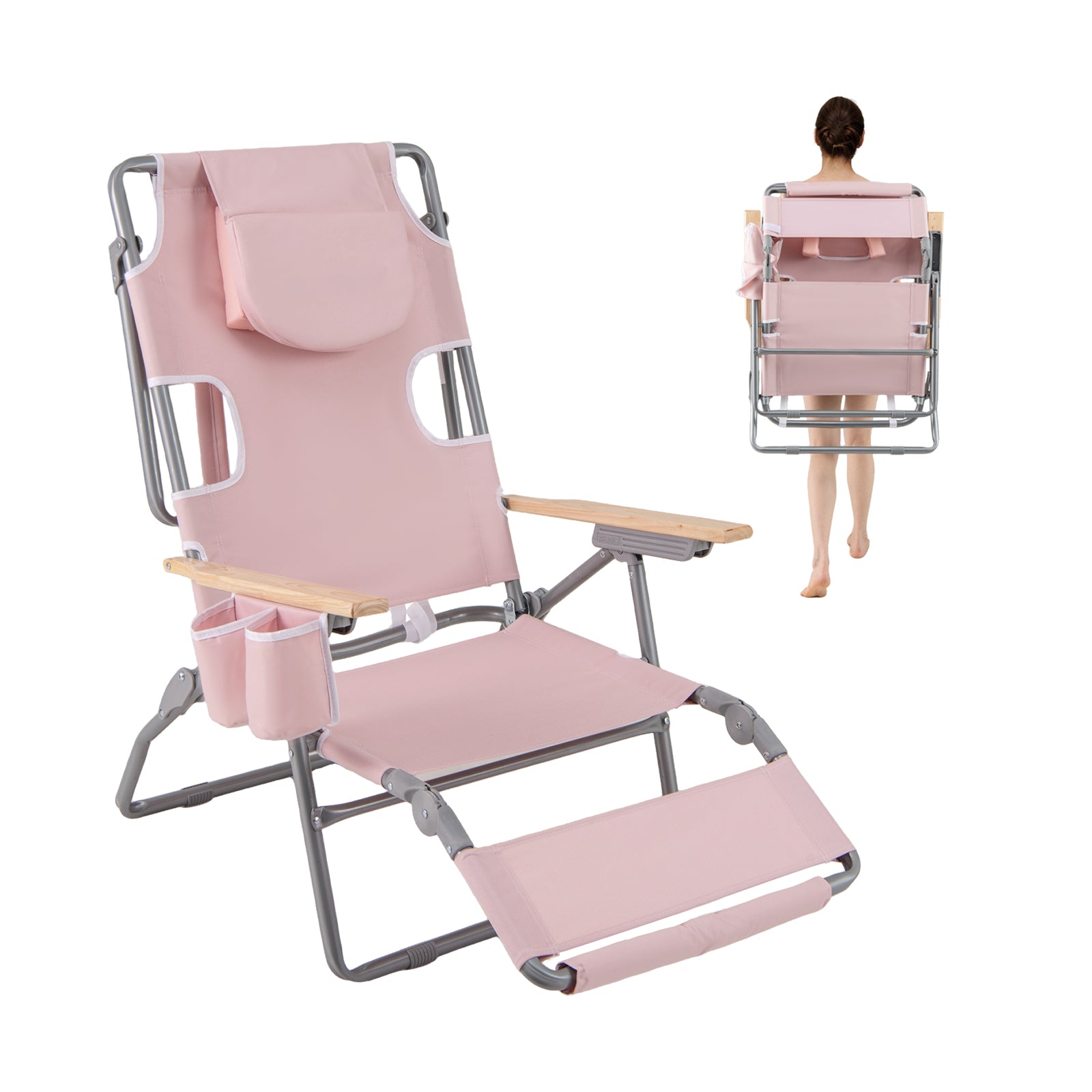 3-IN-1 Foldable Beach Chair with Footrest and Adjustable Backrest, Pink Beach & Lawn Chairs at Gallery Canada