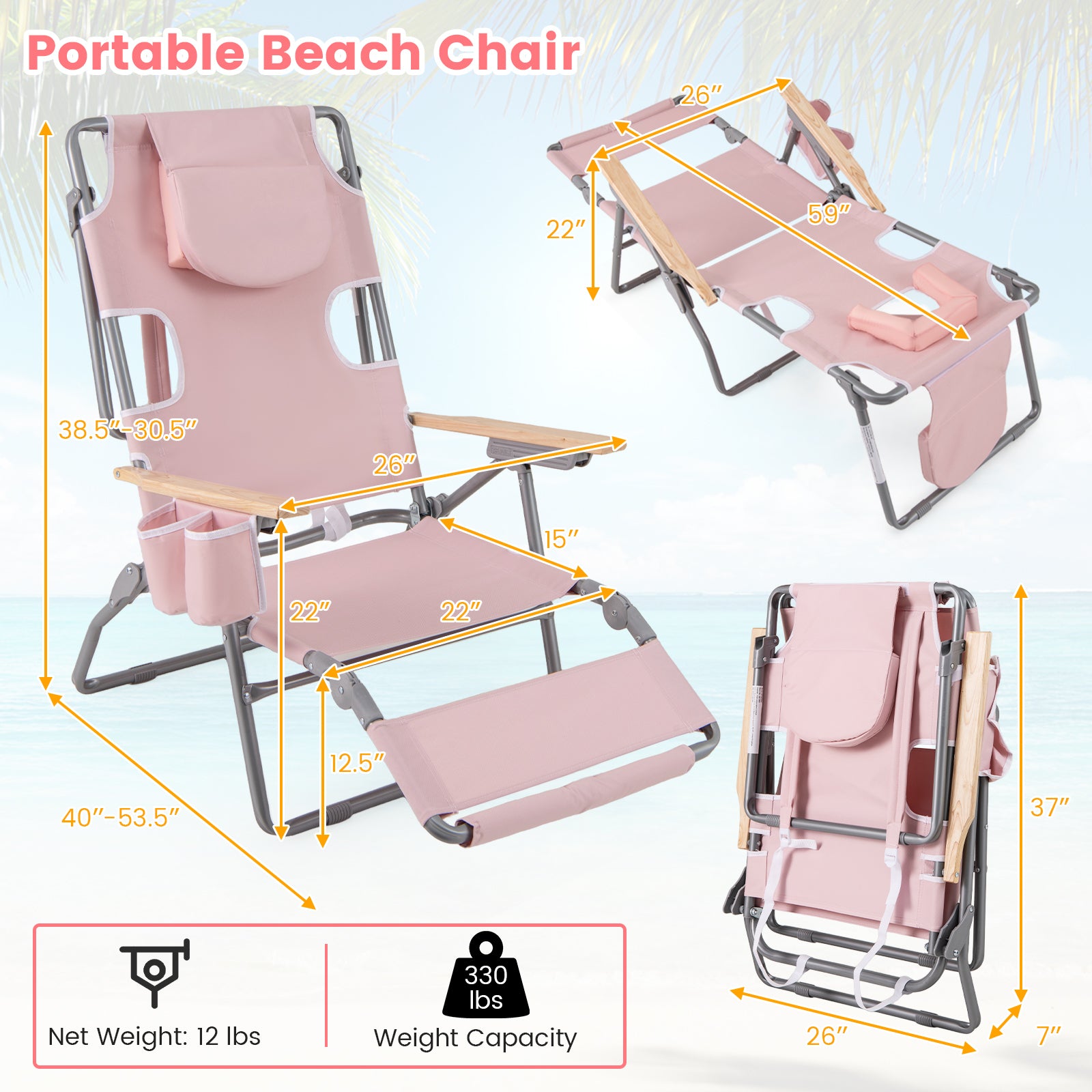 3-IN-1 Foldable Beach Chair with Footrest and Adjustable Backrest, Pink Beach & Lawn Chairs at Gallery Canada