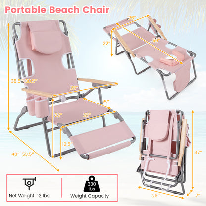 3-IN-1 Foldable Beach Chair with Footrest and Adjustable Backrest, Pink Beach & Lawn Chairs at Gallery Canada