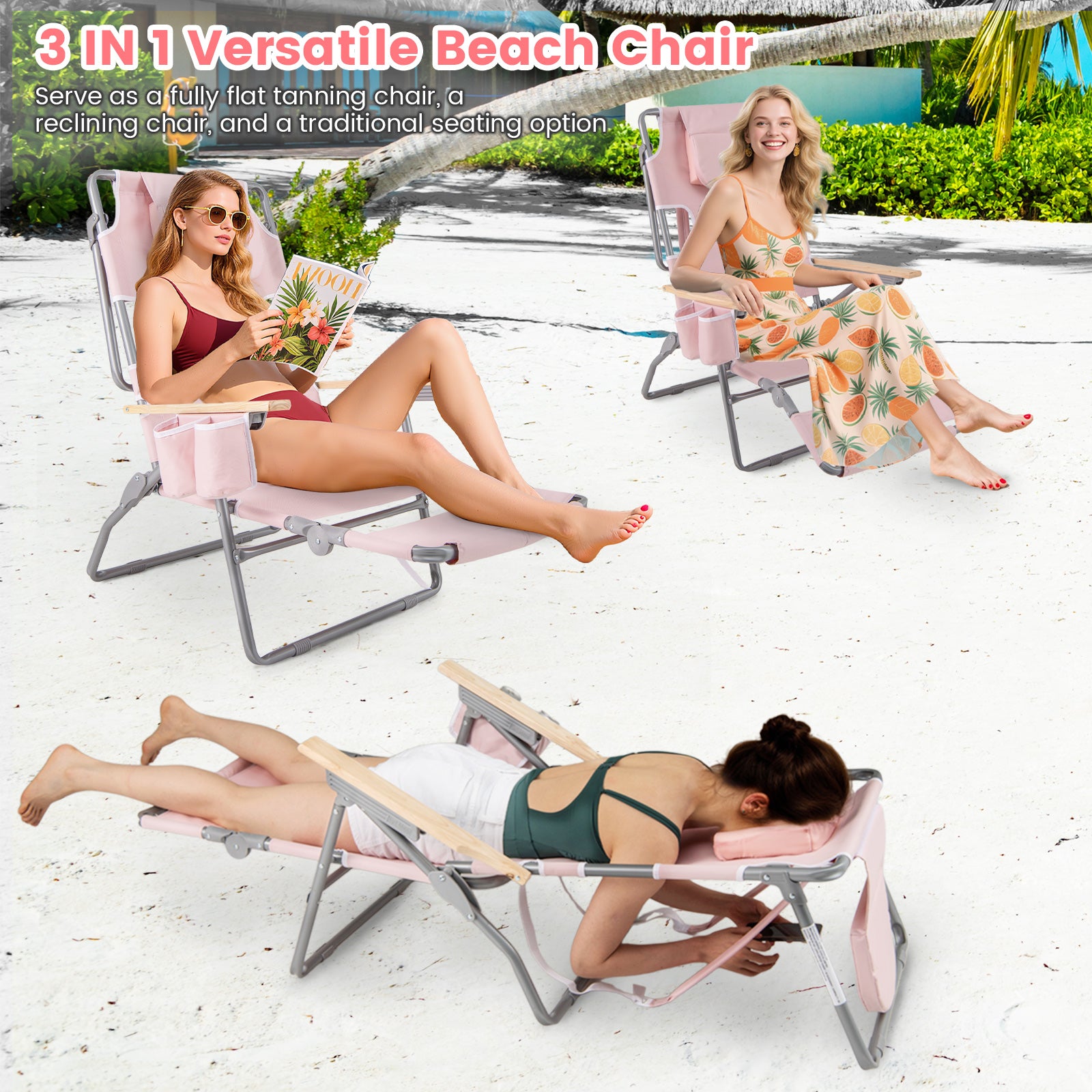 3-IN-1 Foldable Beach Chair with Footrest and Adjustable Backrest, Pink Beach & Lawn Chairs at Gallery Canada