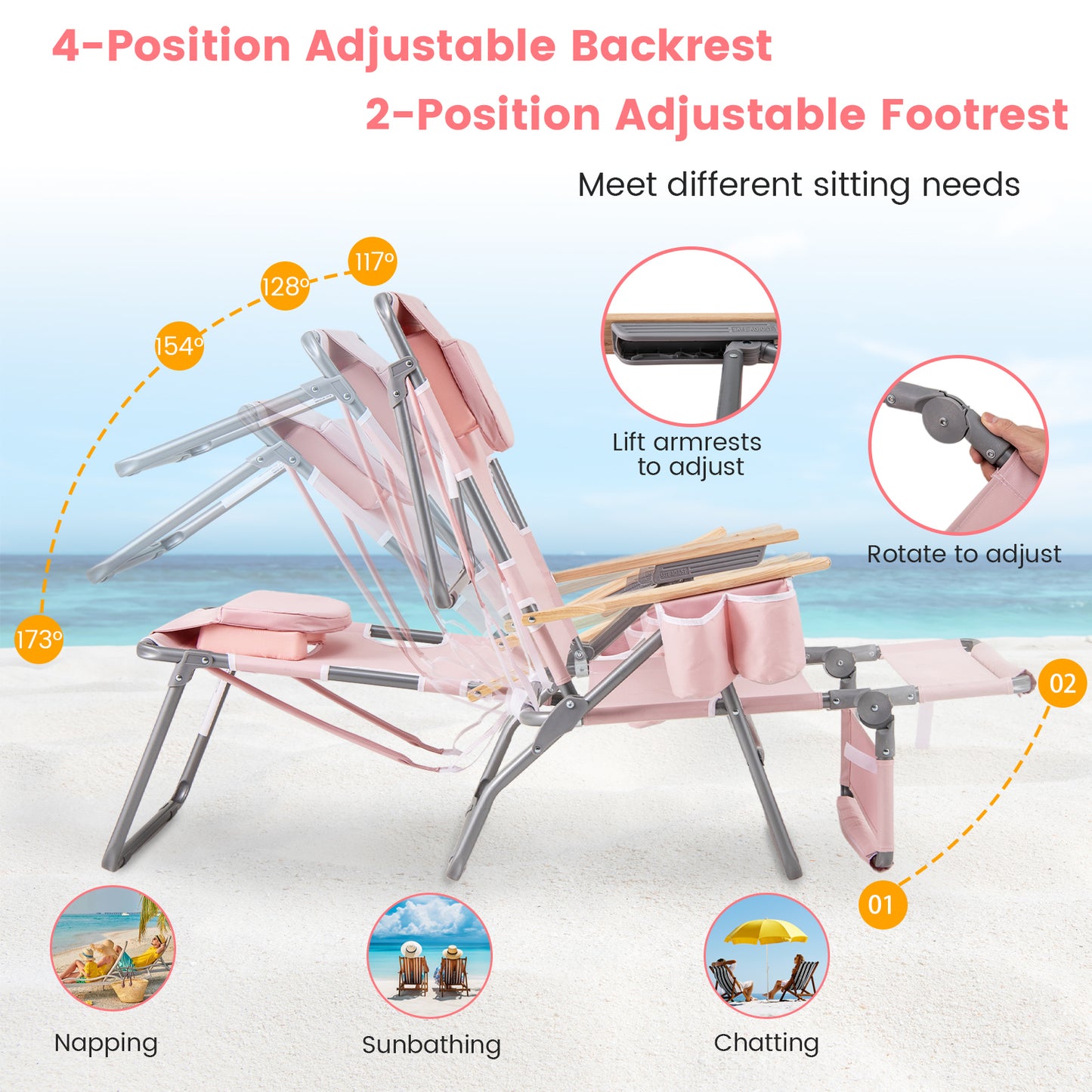 3-IN-1 Foldable Beach Chair with Footrest and Adjustable Backrest, Pink Beach & Lawn Chairs at Gallery Canada