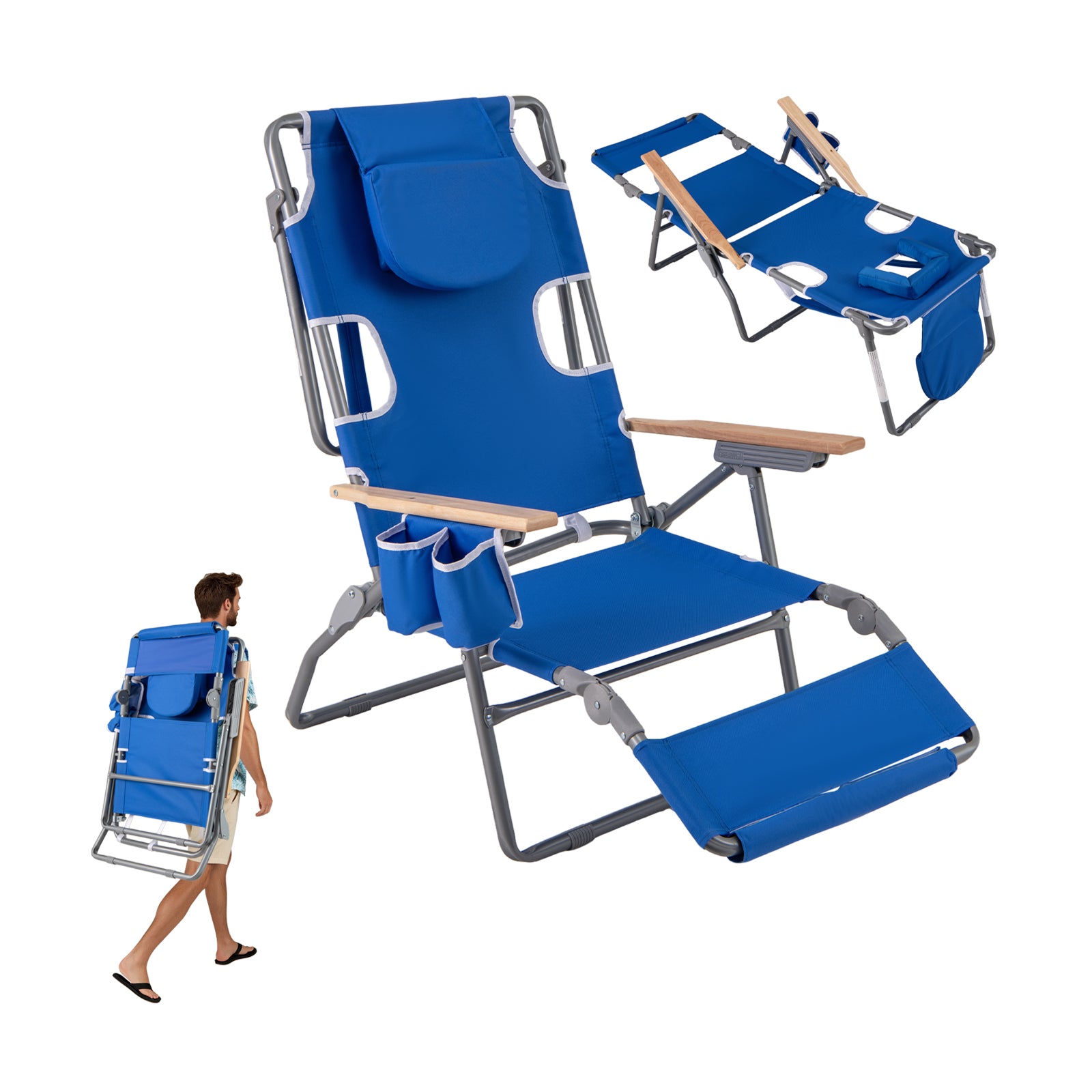 Foldable Beach Chair, 3-In-1 With Footrest, Adjustable Backrest, Navy Beach & Lawn Chairs at Gallery Canada