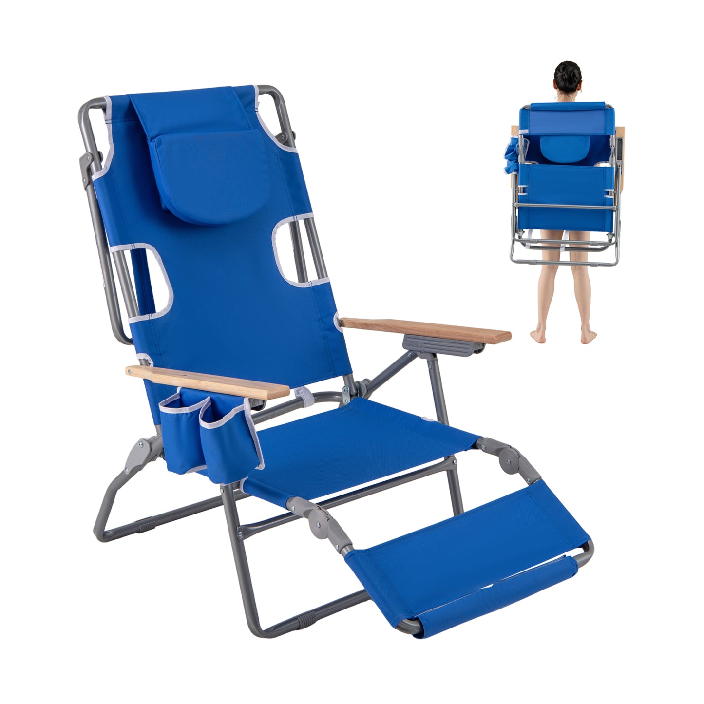 3-IN-1 Foldable Beach Chair with Footrest and Adjustable Backrest, Navy Beach & Lawn Chairs at Gallery Canada