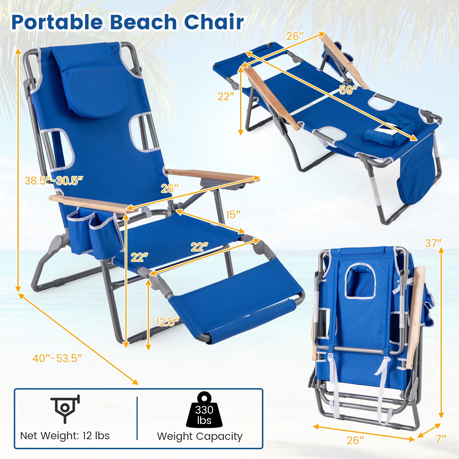 3-IN-1 Foldable Beach Chair with Footrest and Adjustable Backrest, Navy Beach & Lawn Chairs at Gallery Canada