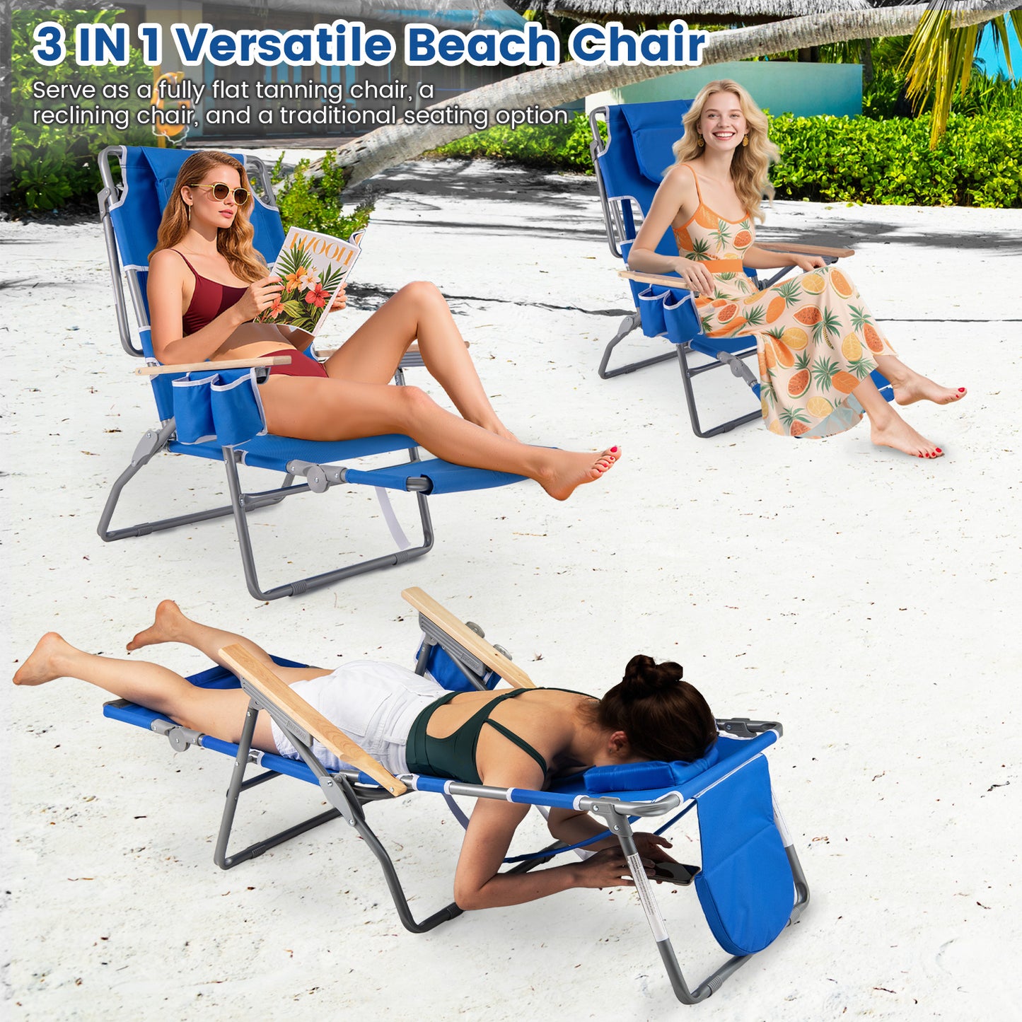 3-IN-1 Foldable Beach Chair with Footrest and Adjustable Backrest, Navy Beach & Lawn Chairs at Gallery Canada