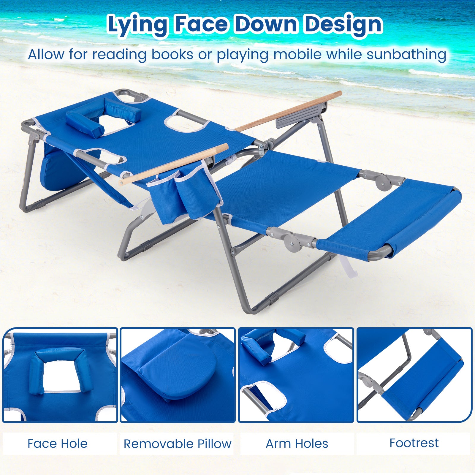 3-IN-1 Foldable Beach Chair with Footrest and Adjustable Backrest, Navy Beach & Lawn Chairs at Gallery Canada