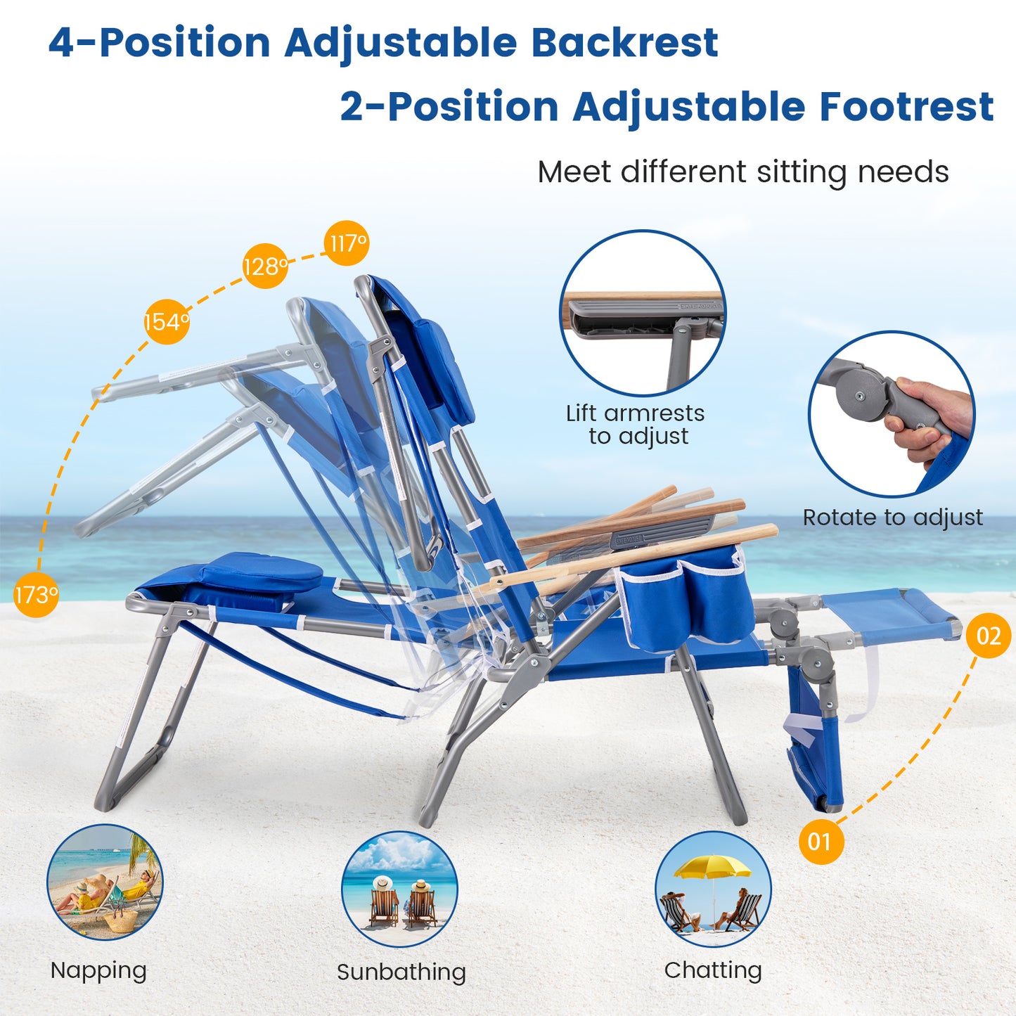 3-IN-1 Foldable Beach Chair with Footrest and Adjustable Backrest, Navy Beach & Lawn Chairs at Gallery Canada