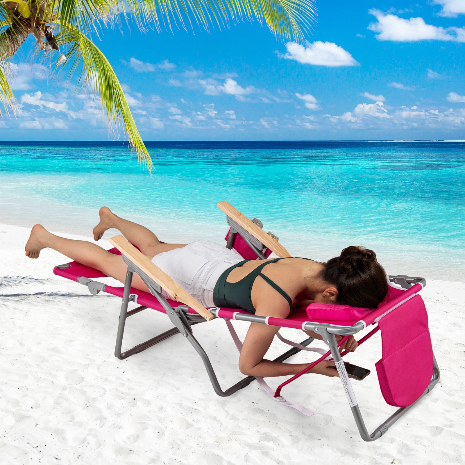 3-IN-1 Foldable Beach Chair with Footrest and Adjustable Backrest, Peach Beach & Lawn Chairs at Gallery Canada