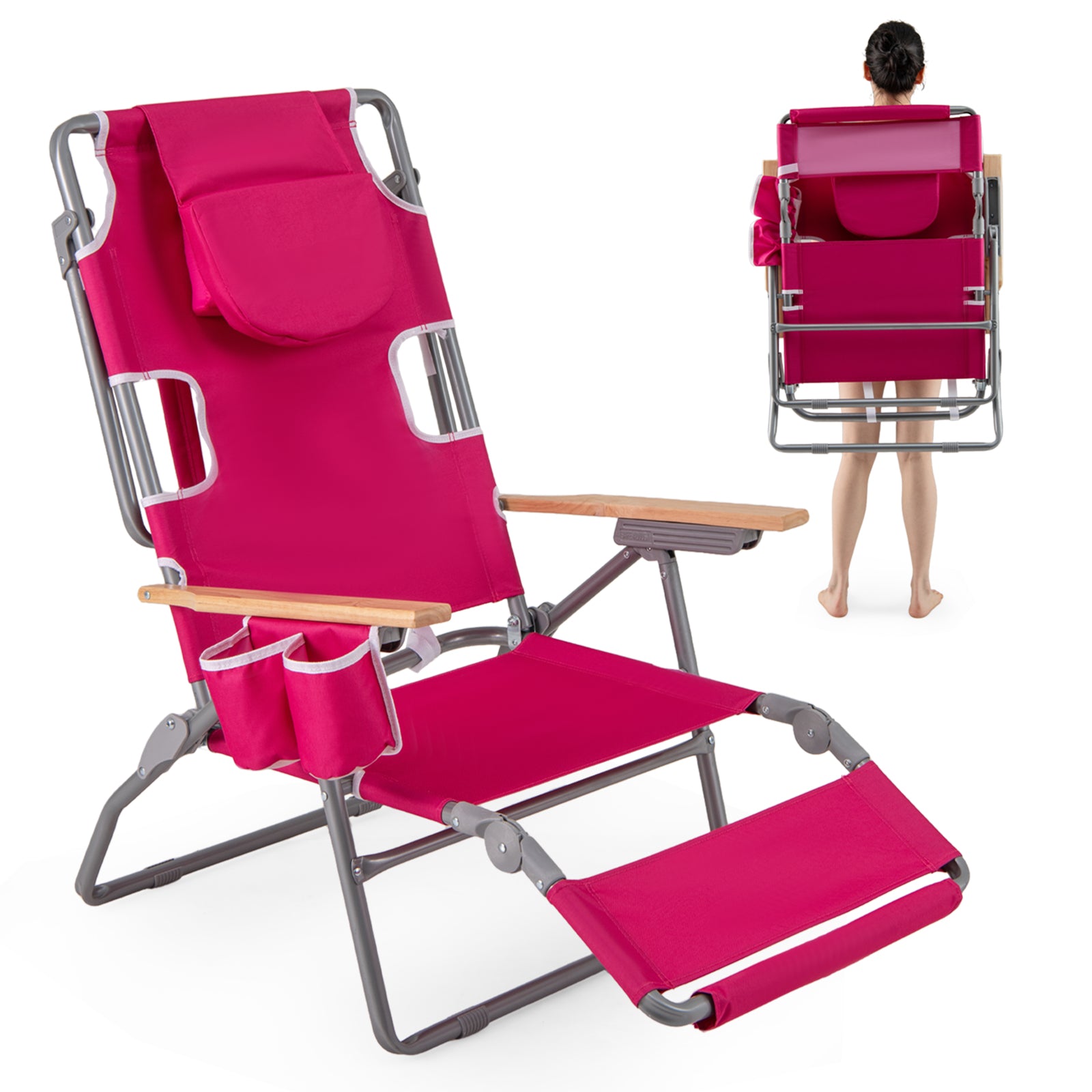 3-IN-1 Foldable Beach Chair with Footrest and Adjustable Backrest, Peach Beach & Lawn Chairs at Gallery Canada