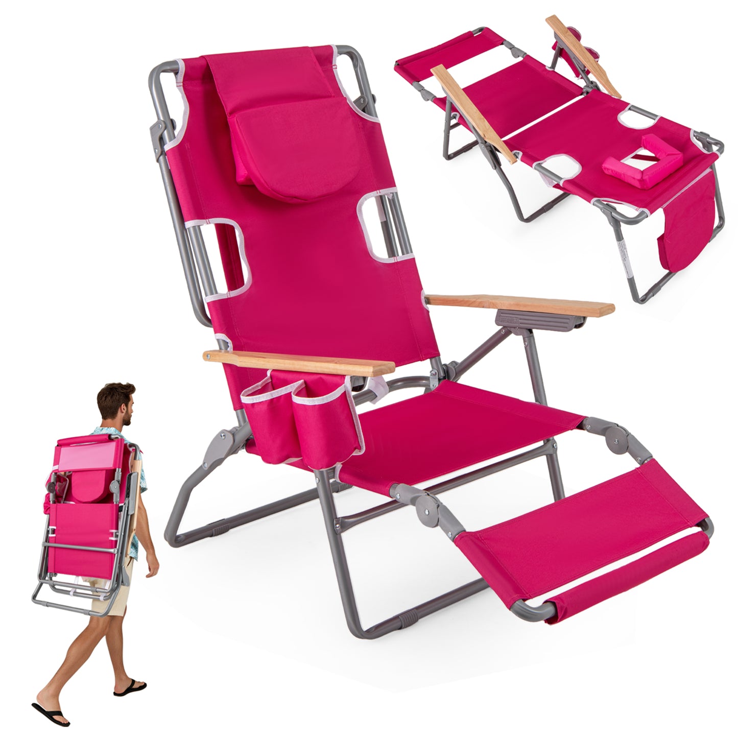 3-IN-1 Foldable Beach Chair with Footrest and Adjustable Backrest, Peach Beach & Lawn Chairs at Gallery Canada