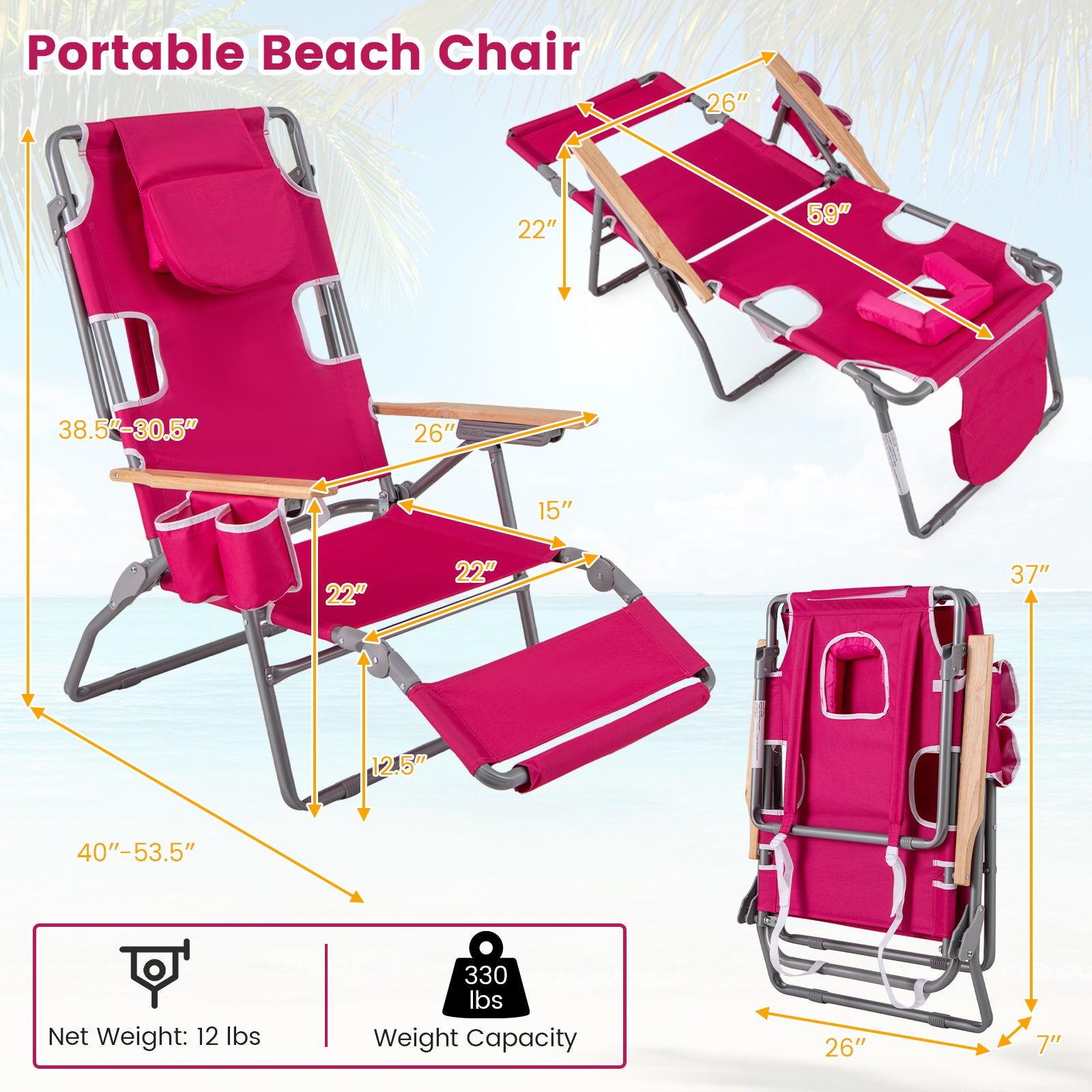 3-IN-1 Foldable Beach Chair with Footrest and Adjustable Backrest, Peach Beach & Lawn Chairs at Gallery Canada