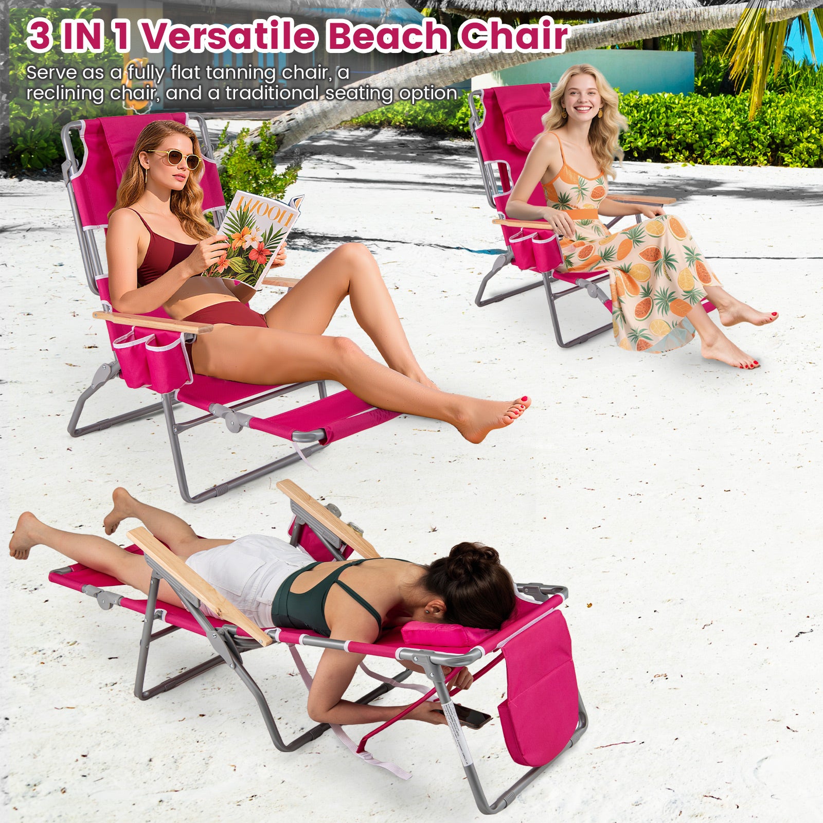 3-IN-1 Foldable Beach Chair with Footrest and Adjustable Backrest, Peach Beach & Lawn Chairs at Gallery Canada
