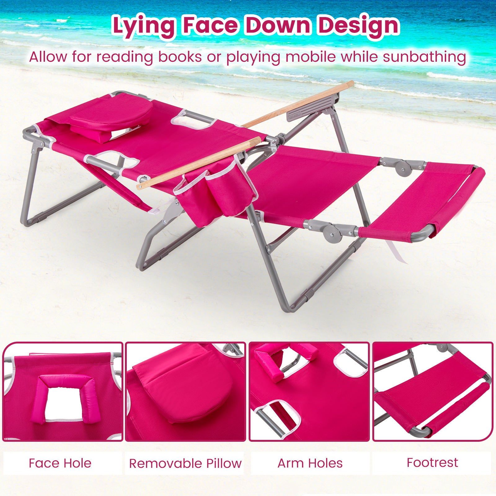 3-IN-1 Foldable Beach Chair with Footrest and Adjustable Backrest, Peach Beach & Lawn Chairs at Gallery Canada