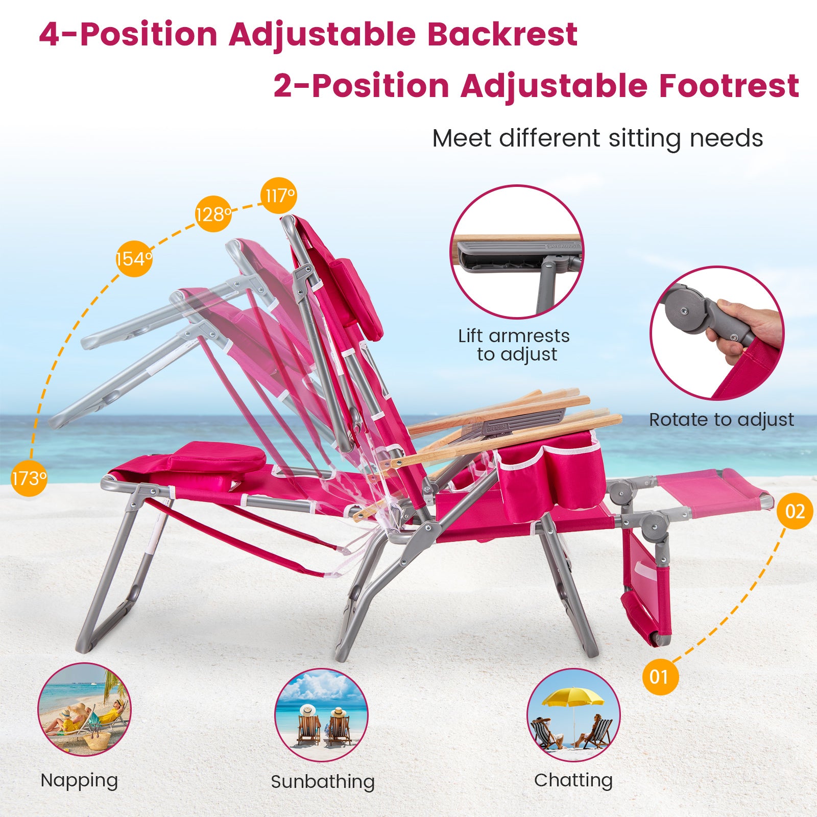 3-IN-1 Foldable Beach Chair with Footrest and Adjustable Backrest, Peach Beach & Lawn Chairs at Gallery Canada