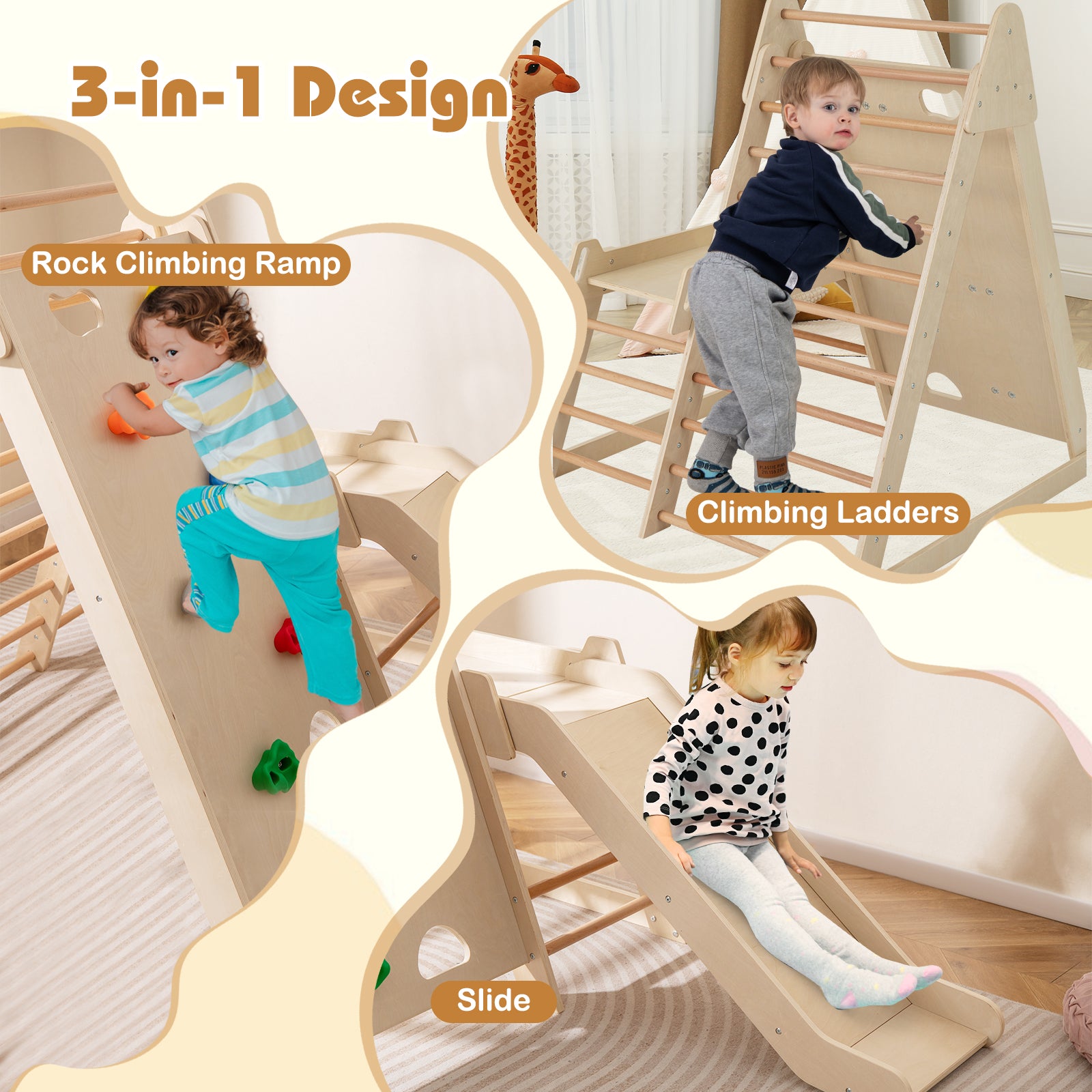 3-In 1 Jungle Gym Indoor Playground with Extended Slide for Toddlers, Natural Climbers & Slides at Gallery Canada