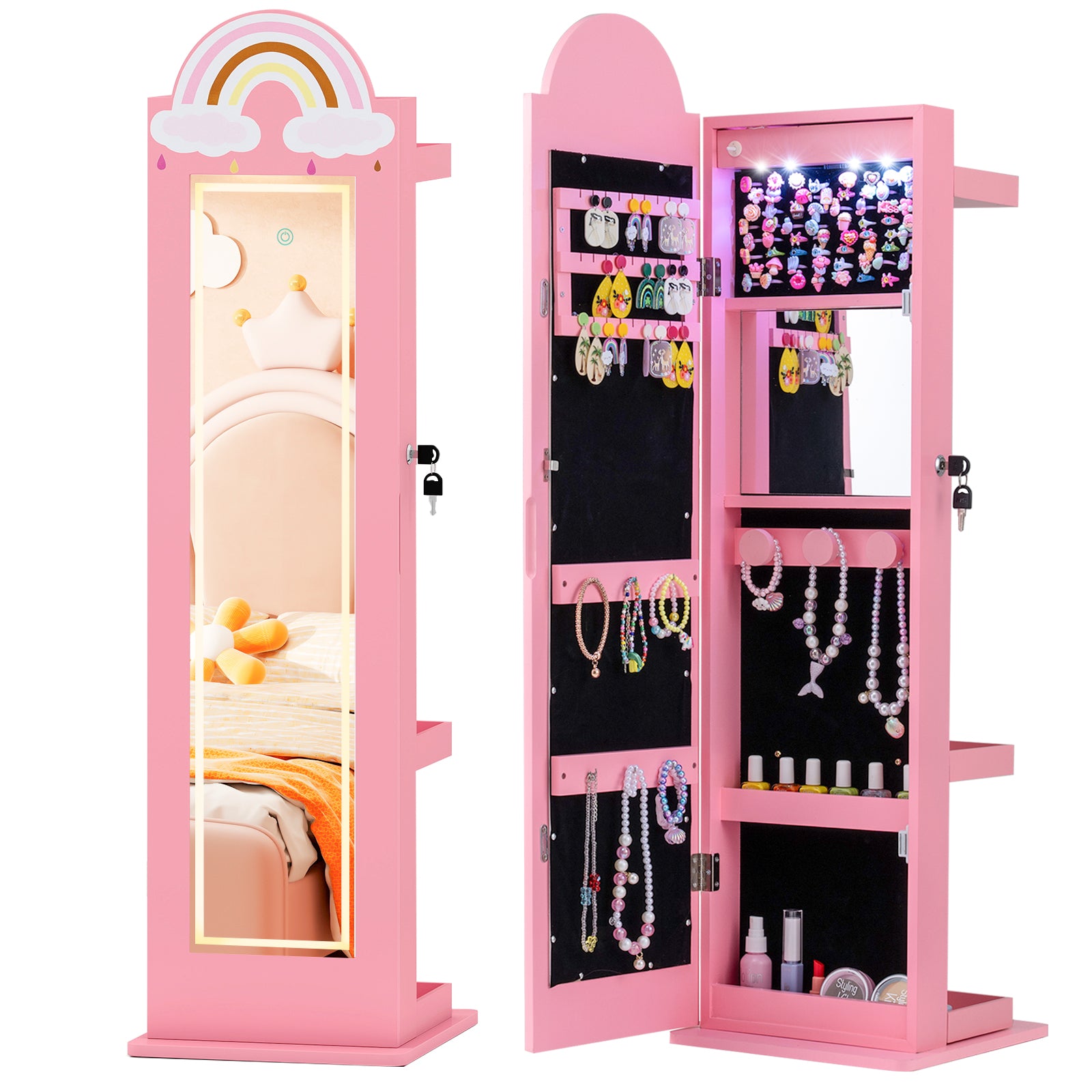 3 In 1 Kids Jewelry Cabinet With Lighted Mirror, Pink Kids Vanities Pink at Gallery Canada