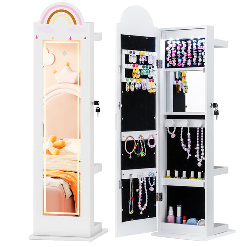 3 In 1 Kids Jewelry Cabinet Freestanding Jewelry Armoire with 3-Color Lighted Mirror, White