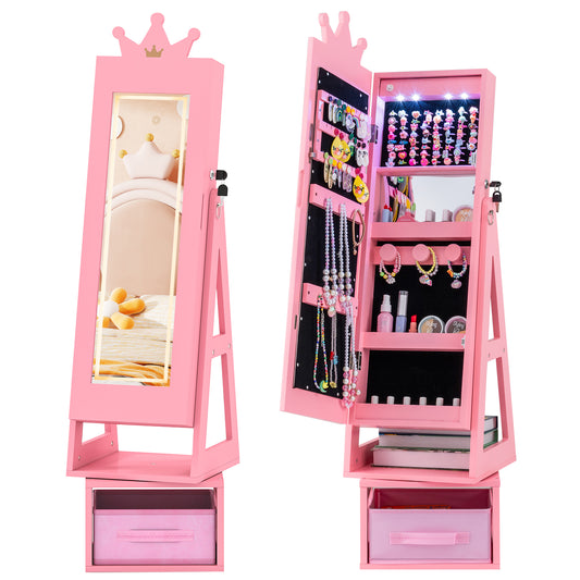 3 In 1 Kids Jewelry Cabinet with 3-Color Lighted Full Length Mirror, Pink Kids Vanities Pink at Gallery Canada