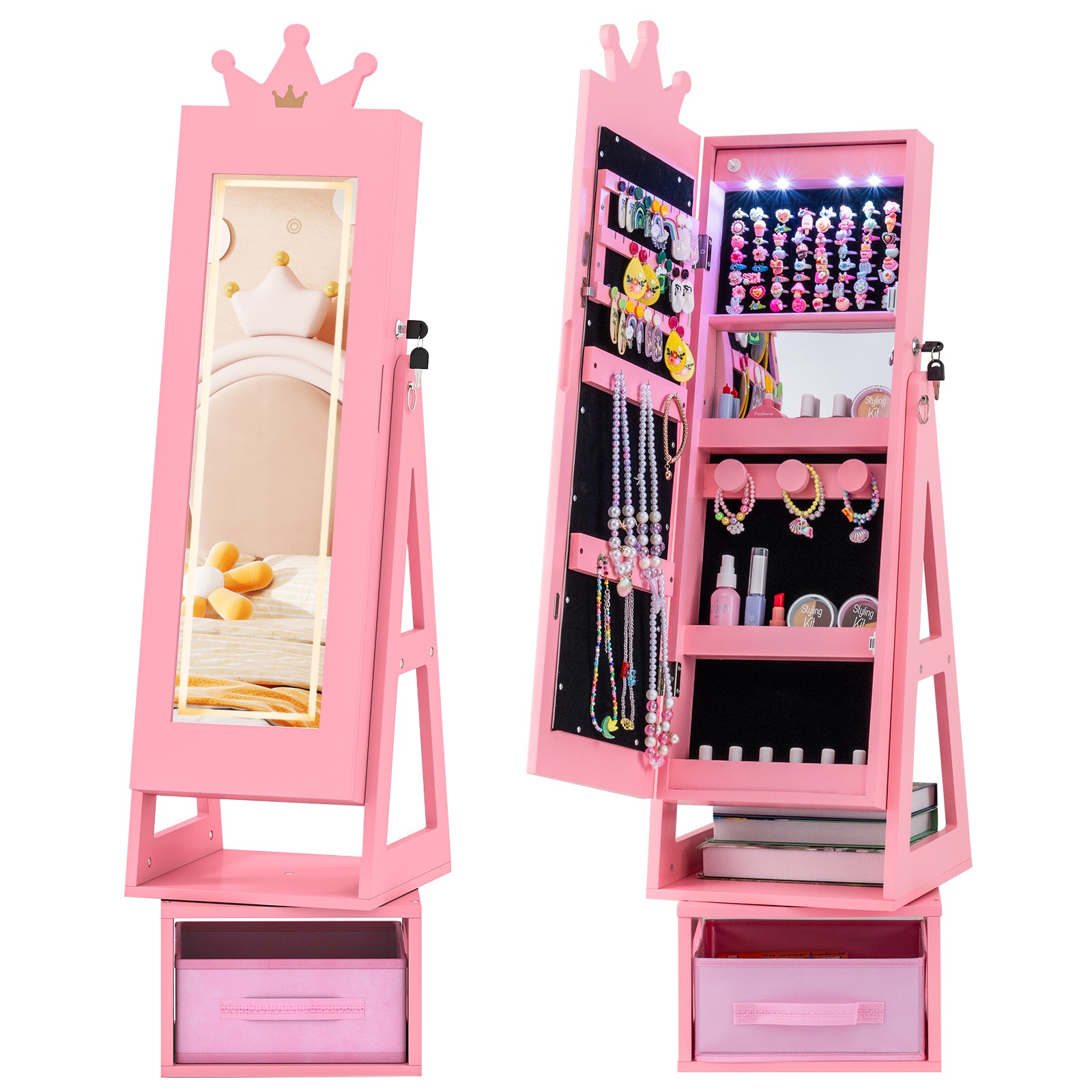 3 In 1 Kids Jewelry Cabinet with 3-Color Lighted Full Length Mirror, Pink Kids Vanities Pink at Gallery Canada