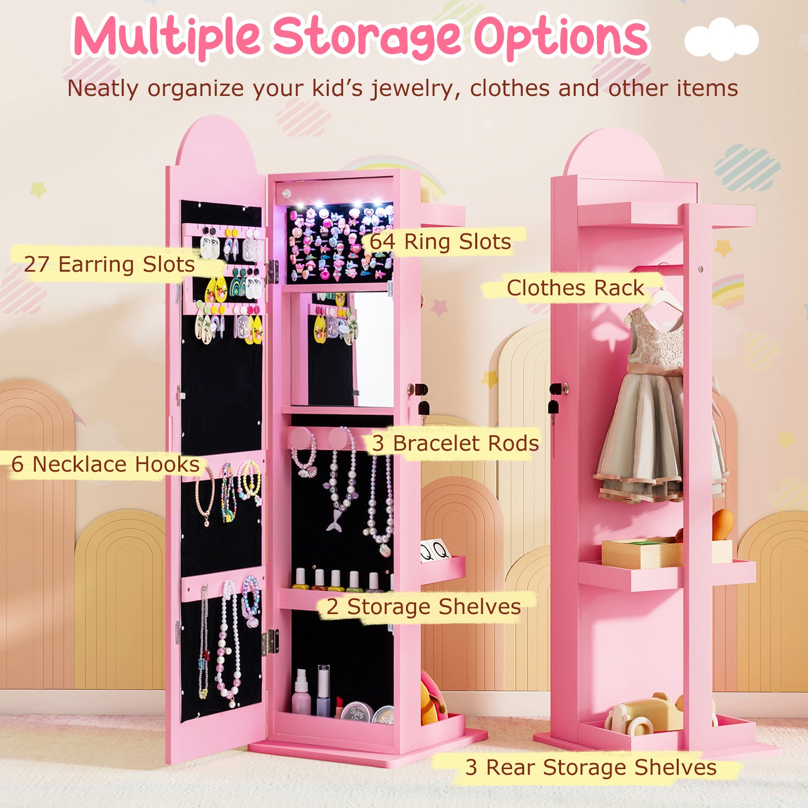 3 In 1 Kids Jewelry Cabinet With Lighted Mirror, Pink Kids Vanities at Gallery Canada