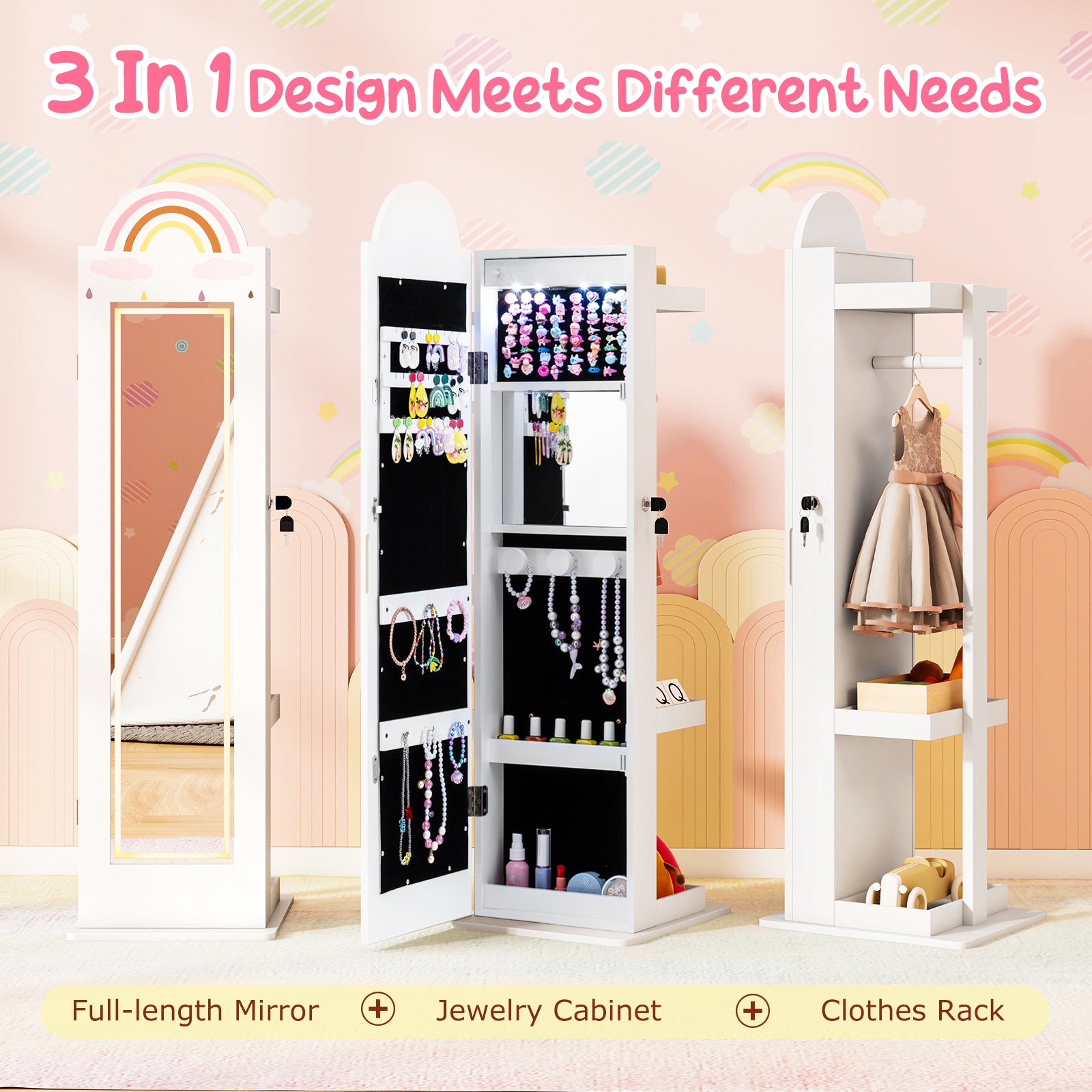 3 In 1 Kids Jewelry Cabinet, Freestanding Armoire, White Kids Vanities at Gallery Canada