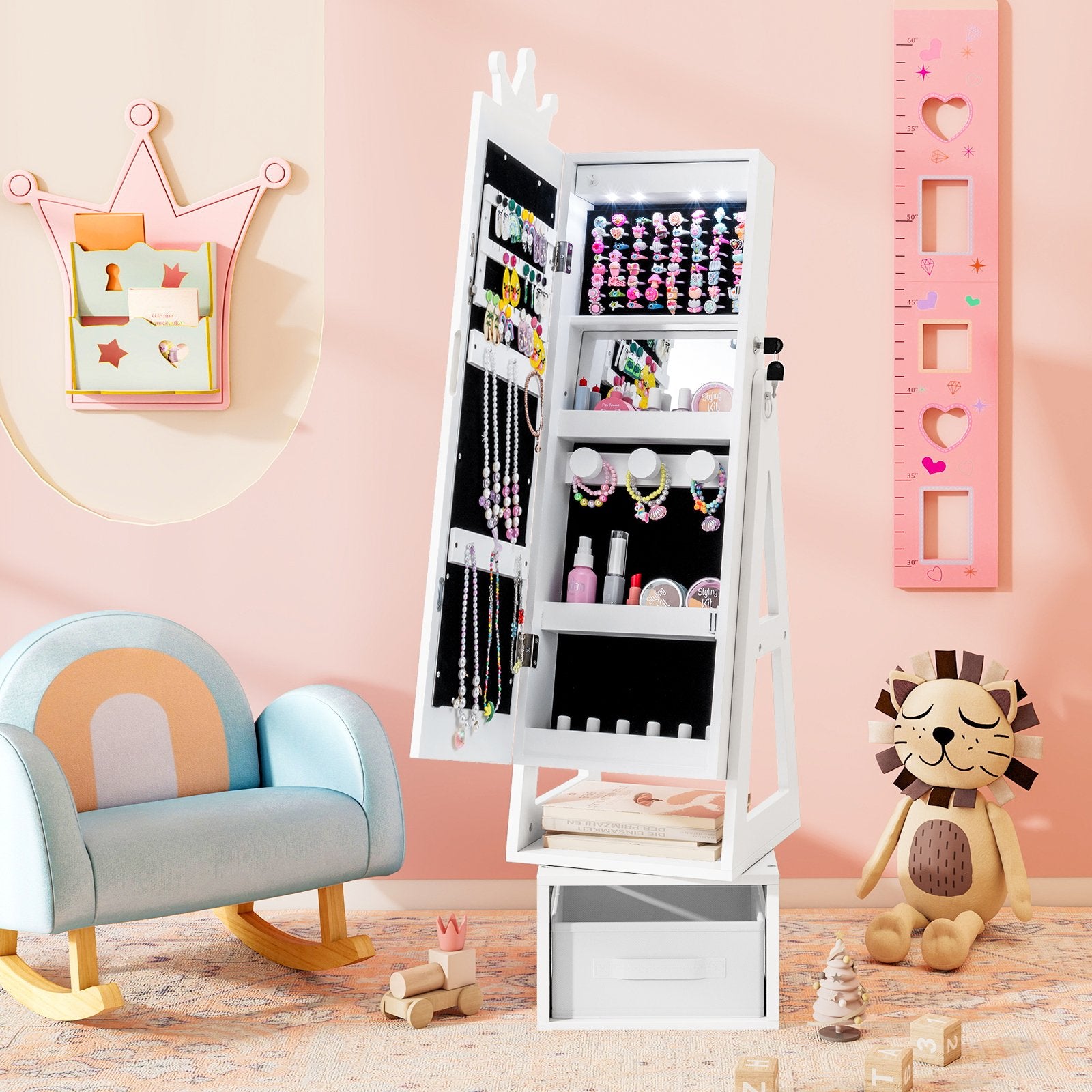 3 In 1 Kids Jewelry Cabinet with 3-Color Lighted Full Length Mirror, White Kids Vanities at Gallery Canada