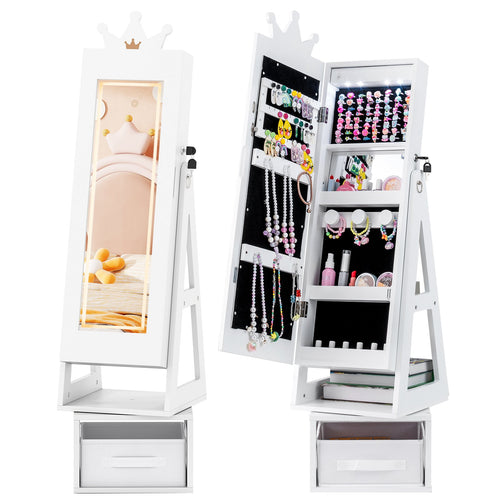 3 In 1 Kids Jewelry Cabinet with 3-Color Lighted Full Length Mirror, White