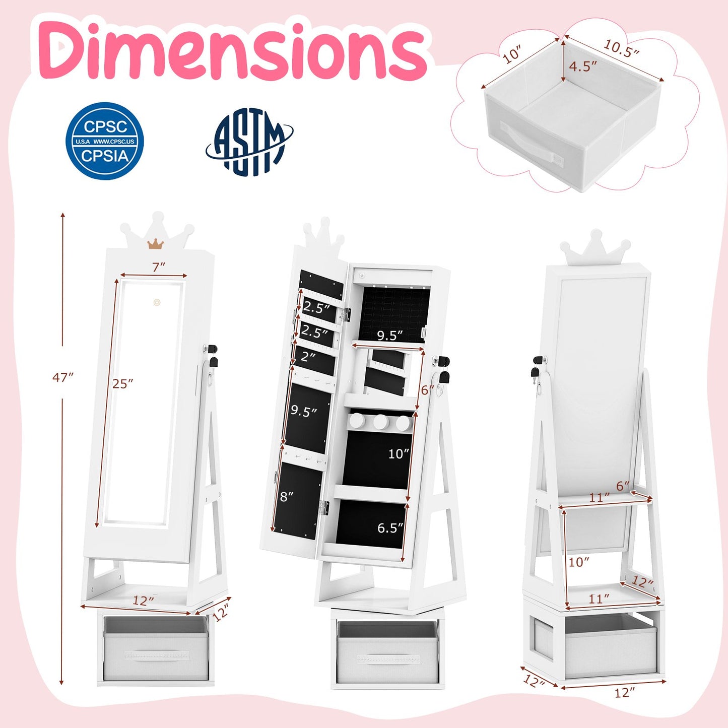 3 In 1 Kids Jewelry Cabinet with 3-Color Lighted Full Length Mirror, White Kids Vanities at Gallery Canada