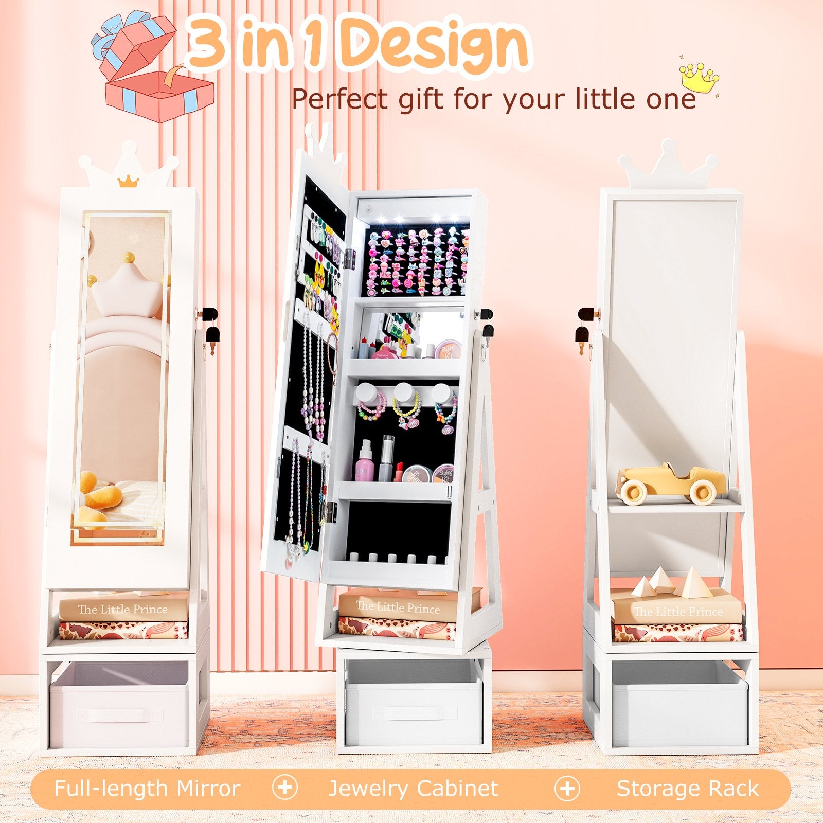 3 In 1 Kids Jewelry Cabinet with 3-Color Lighted Full Length Mirror, White Kids Vanities at Gallery Canada