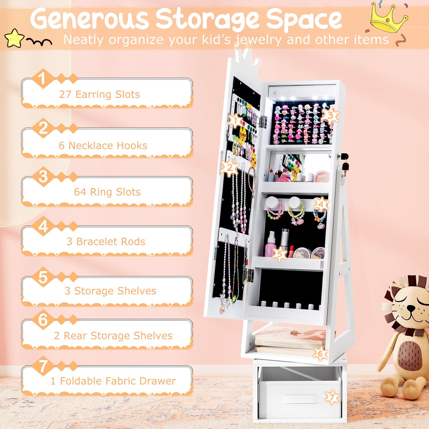 3 In 1 Kids Jewelry Cabinet with 3-Color Lighted Full Length Mirror, White Kids Vanities at Gallery Canada