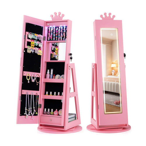 3 In 1 Kids Jewelry Cabinet with 3-Color Lighted Full Length Mirror and Internal Mirror, Pink