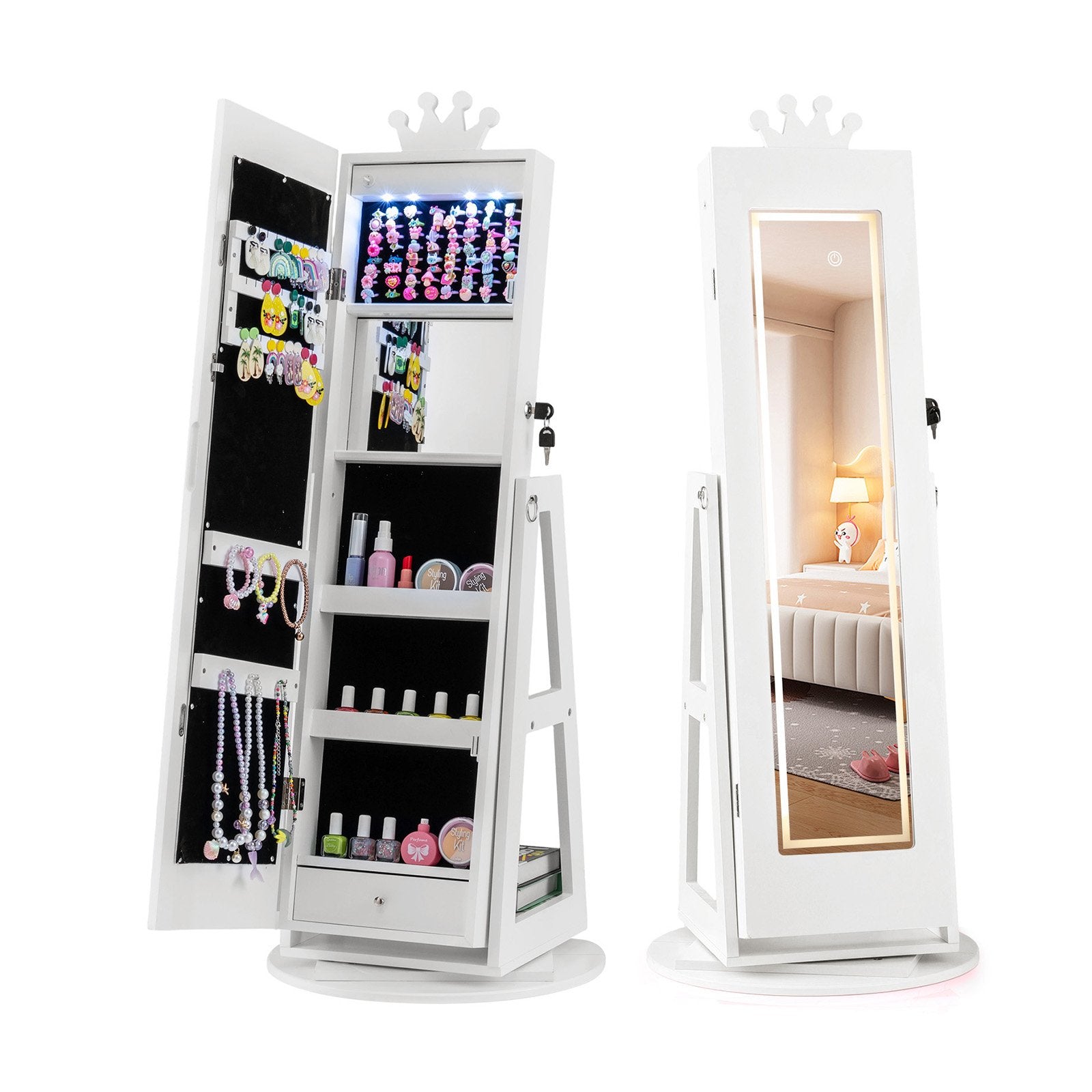 3 In 1 Kids Jewelry Cabinet with 3-Color Lighted Full Length Mirror and Internal Mirror, White Kids Vanities White at Gallery Canada