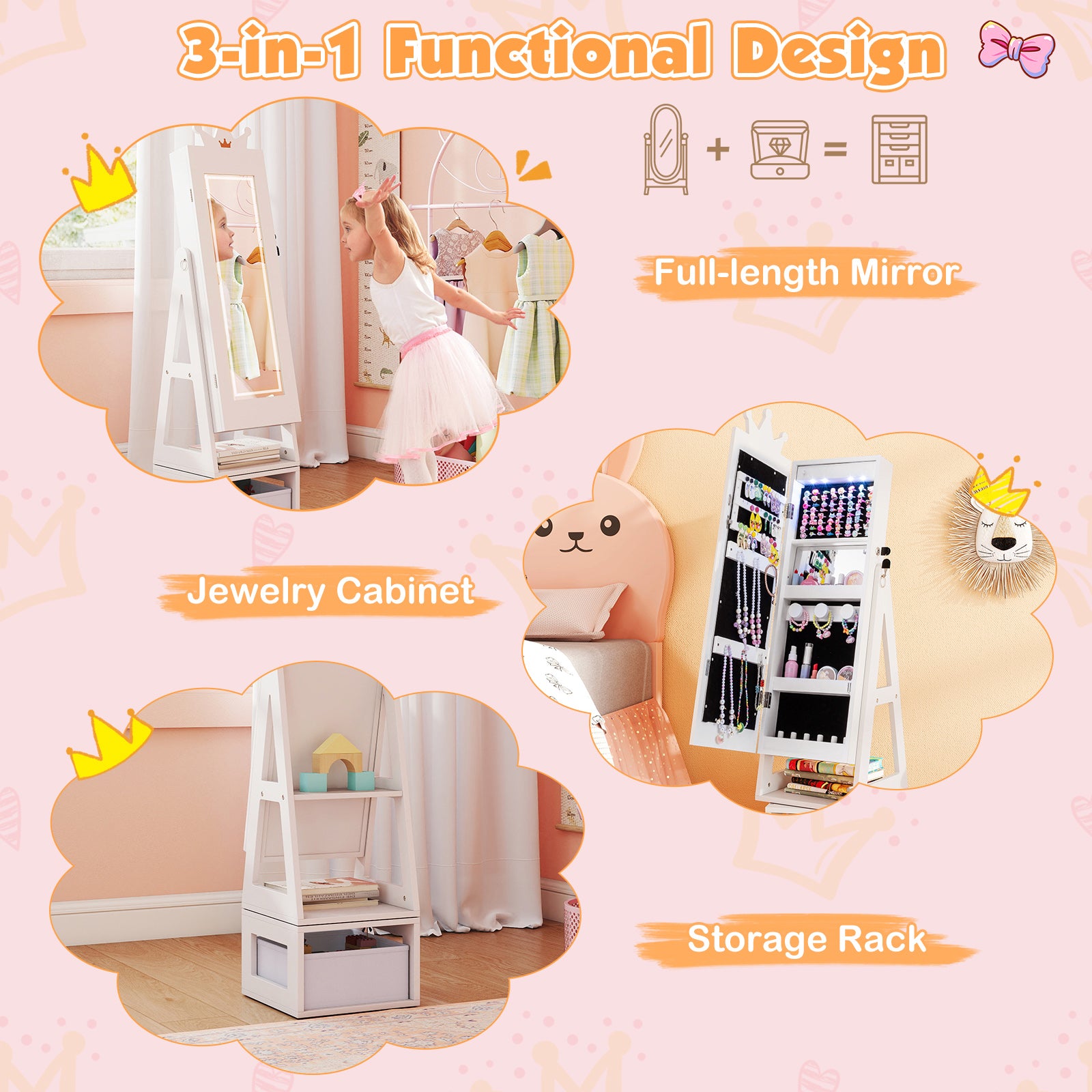 Kids Jewelry Cabinet, 3 In 1, With 3-Color Lighted Mirror, White Kids Vanities at Gallery Canada
